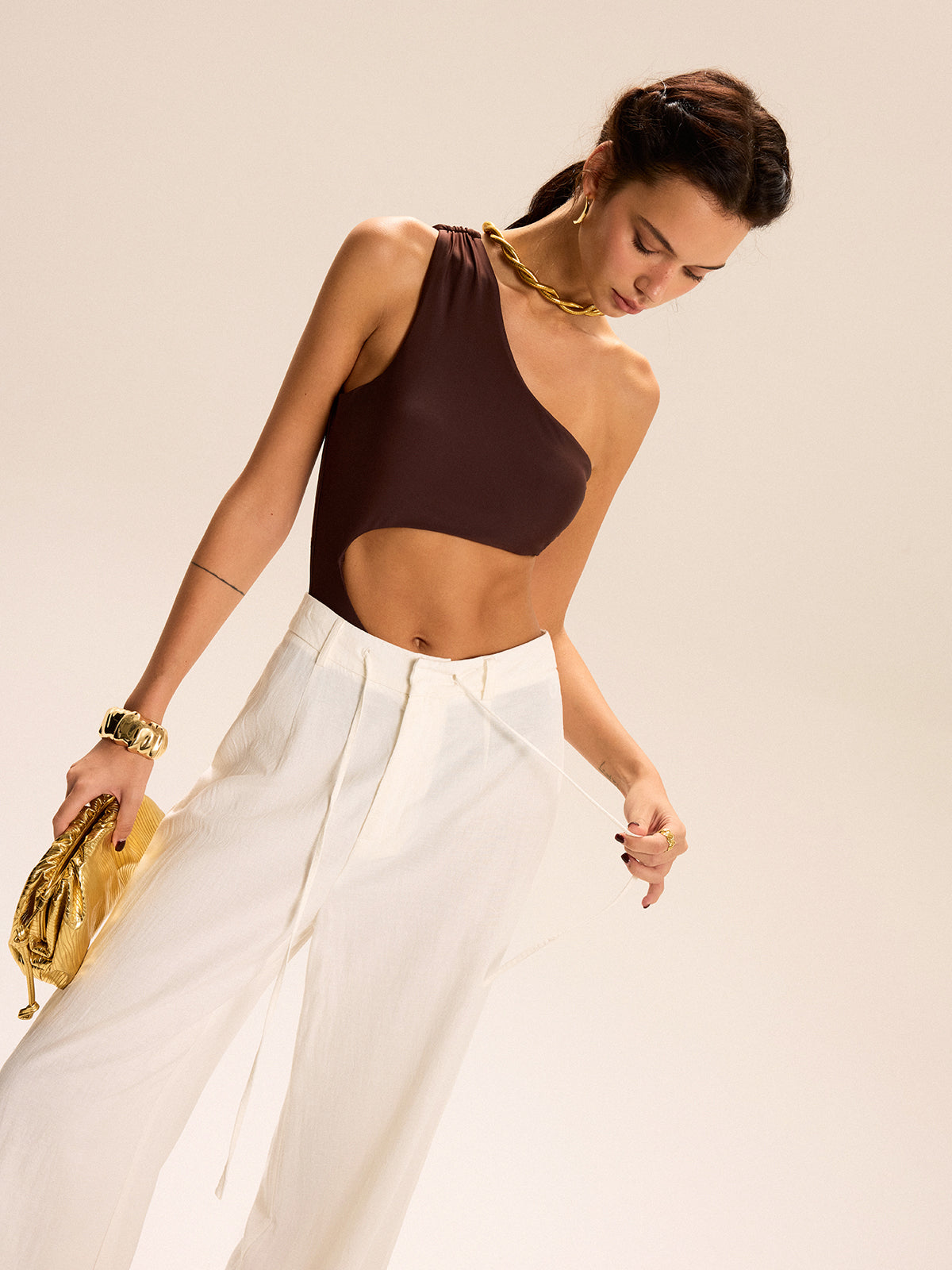 One Shoulder Cutout Metal Buckle One-Piece