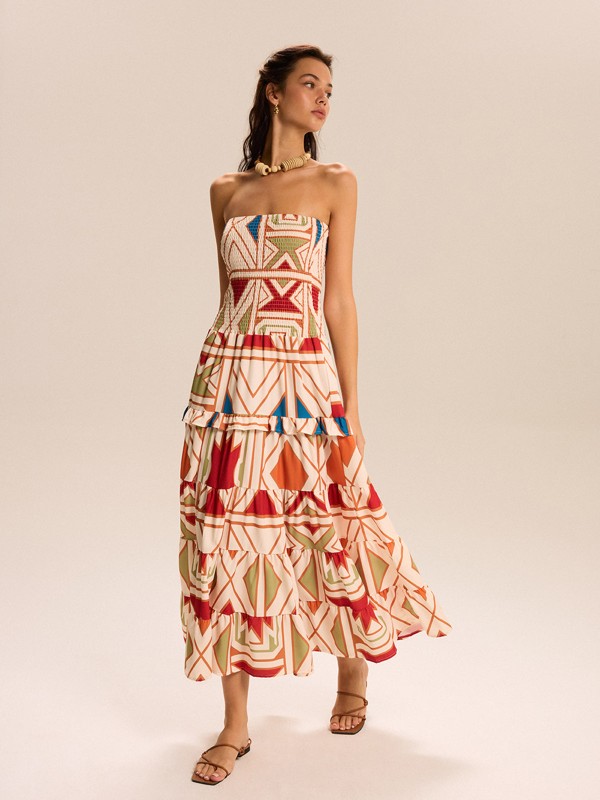 Robe longue bustier à volants color-block