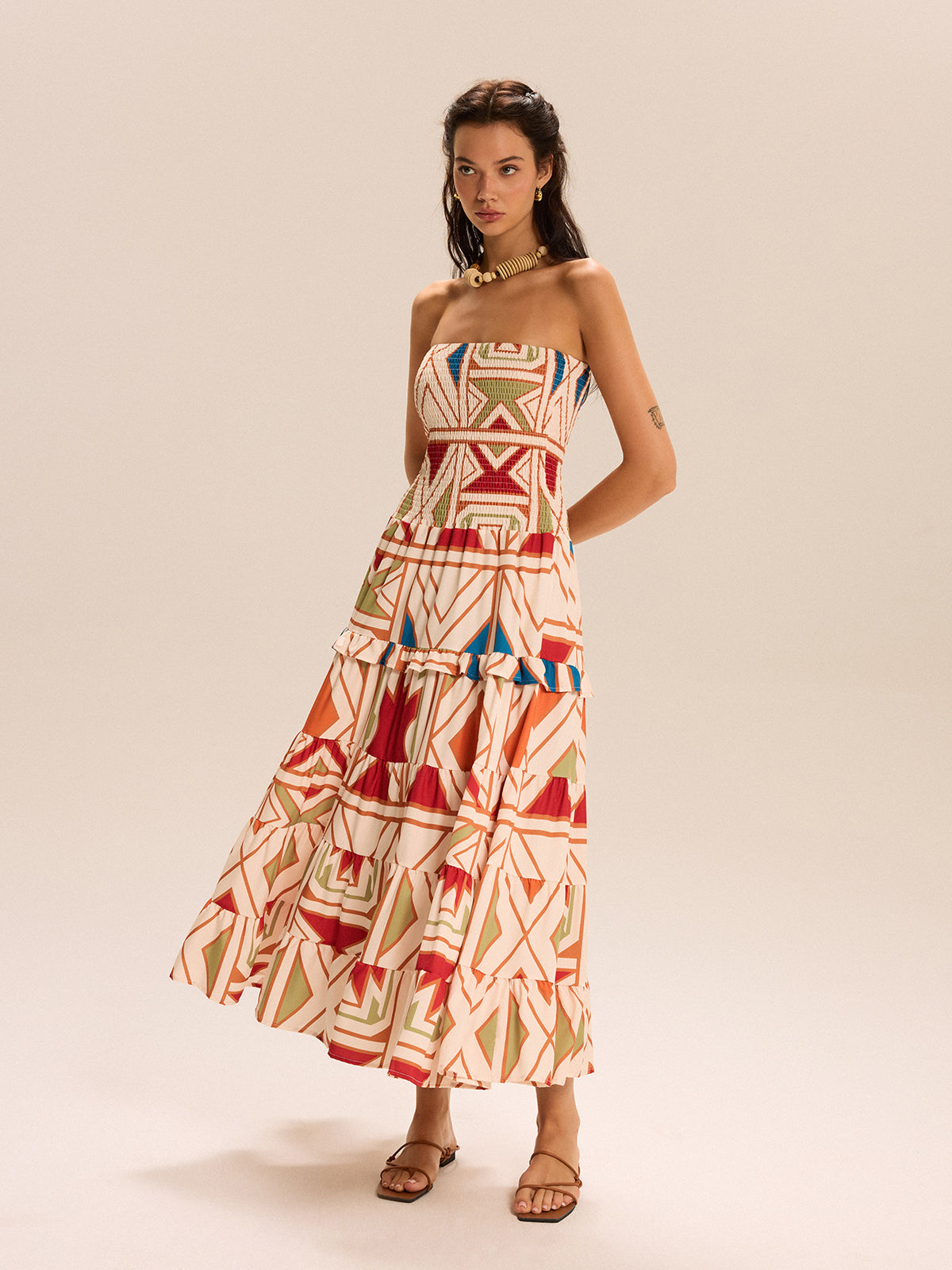 Robe longue bustier à volants color-block