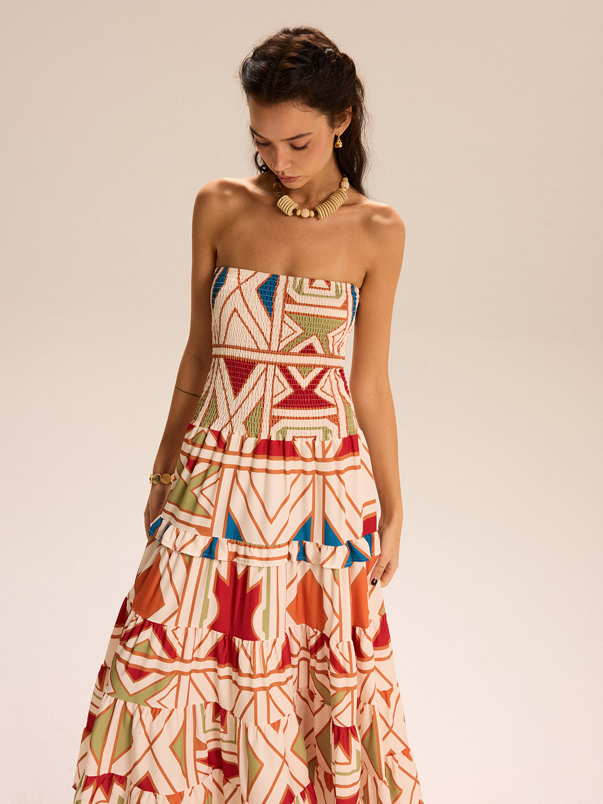 Robe longue bustier à volants color-block