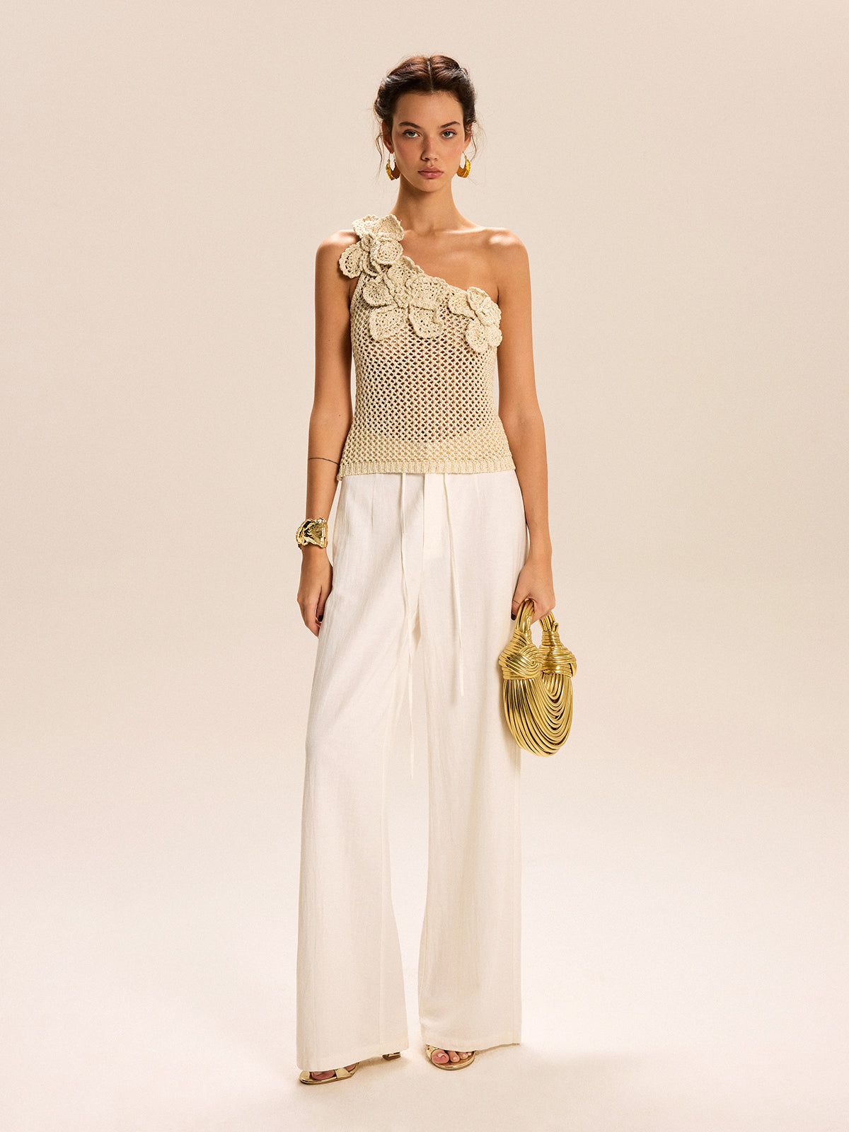 One-Shoulder Floral Crochet Knit Top