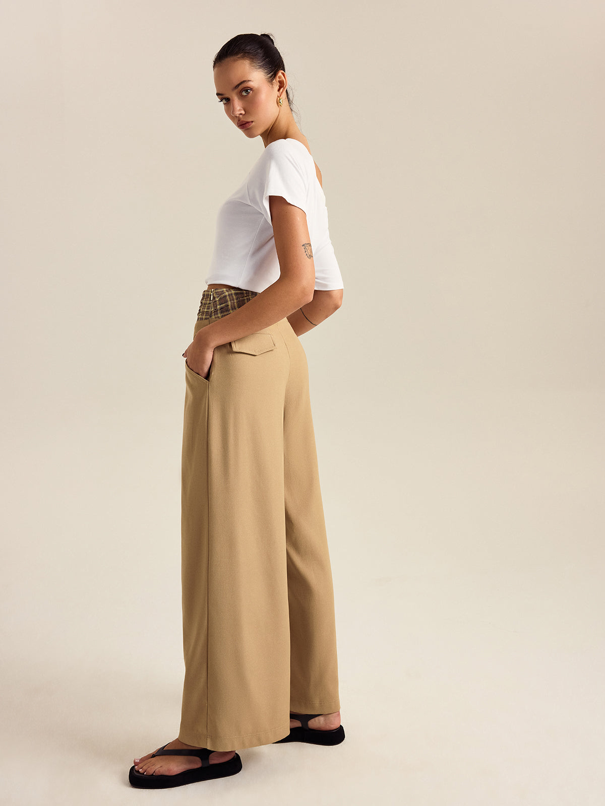 Gingham-Hose mit Taschen und weitem Bein