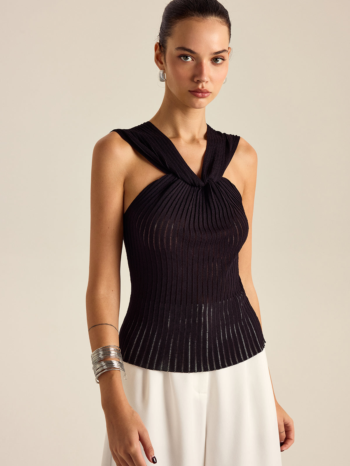 Pleated Knit Twist-Front Top