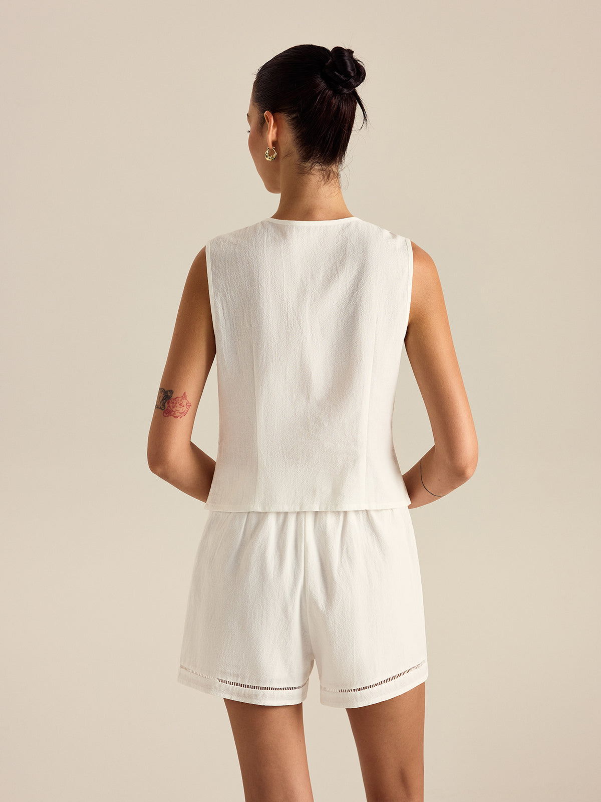 Cotton Button Detail Vest Top With Pockets Shorts Set