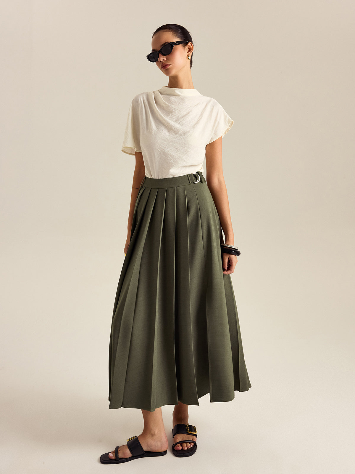 Pleated Midi Skirt with Side Slit