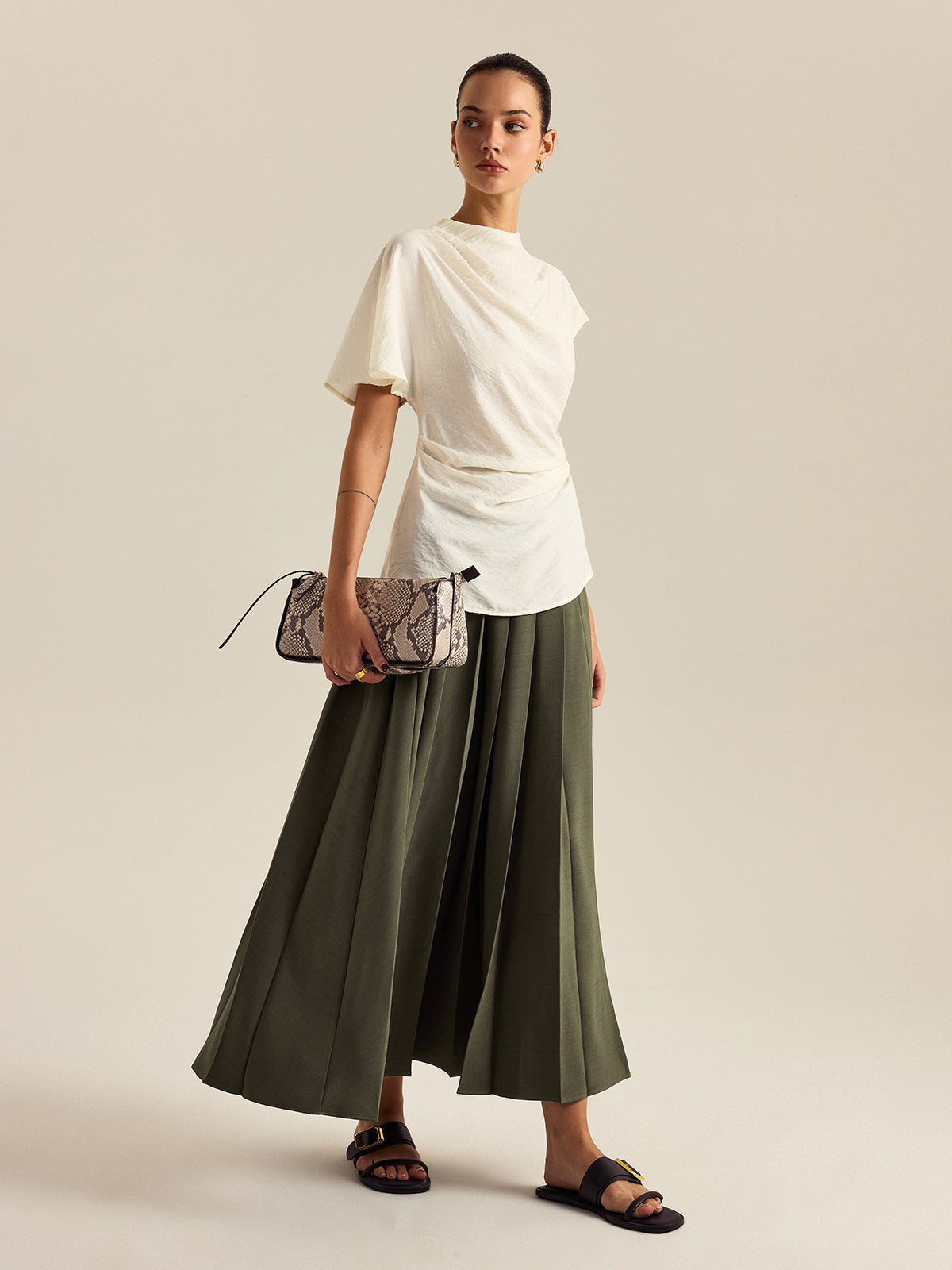 Pleated Midi Skirt with Side Slit