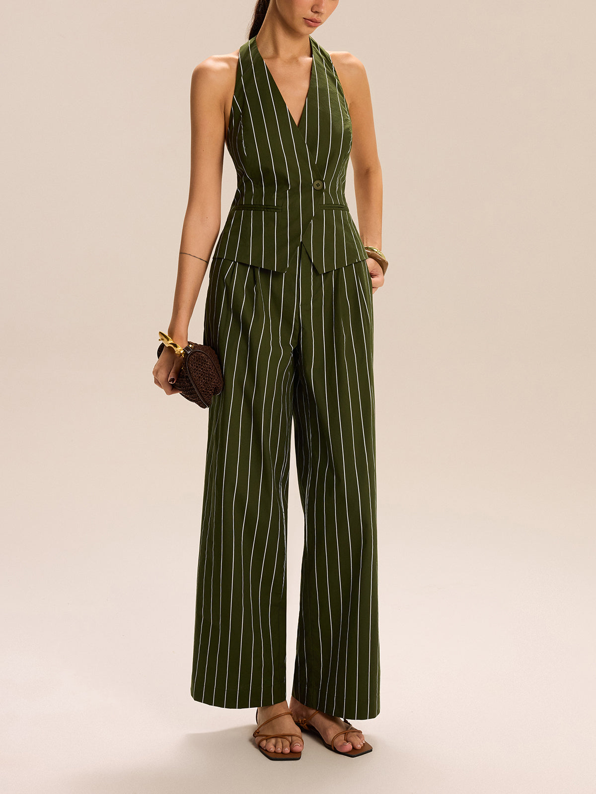 Gestreiftes Neckholder-Top und weite Hose Set