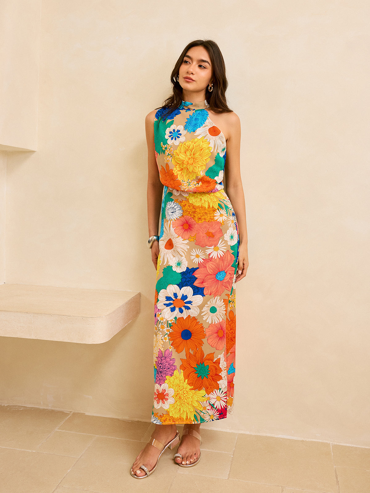 Robe longue à imprimé floral avec dos noué