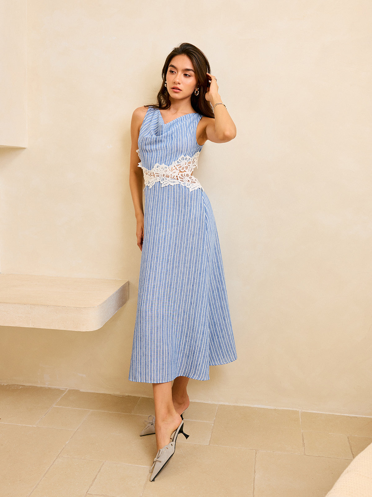 Striped Backless Dress with Lace Detail