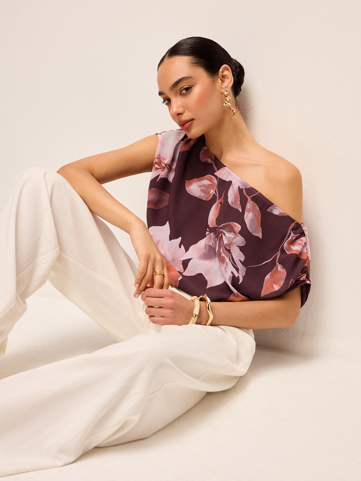 One-Shoulder Floral Belted Blouse