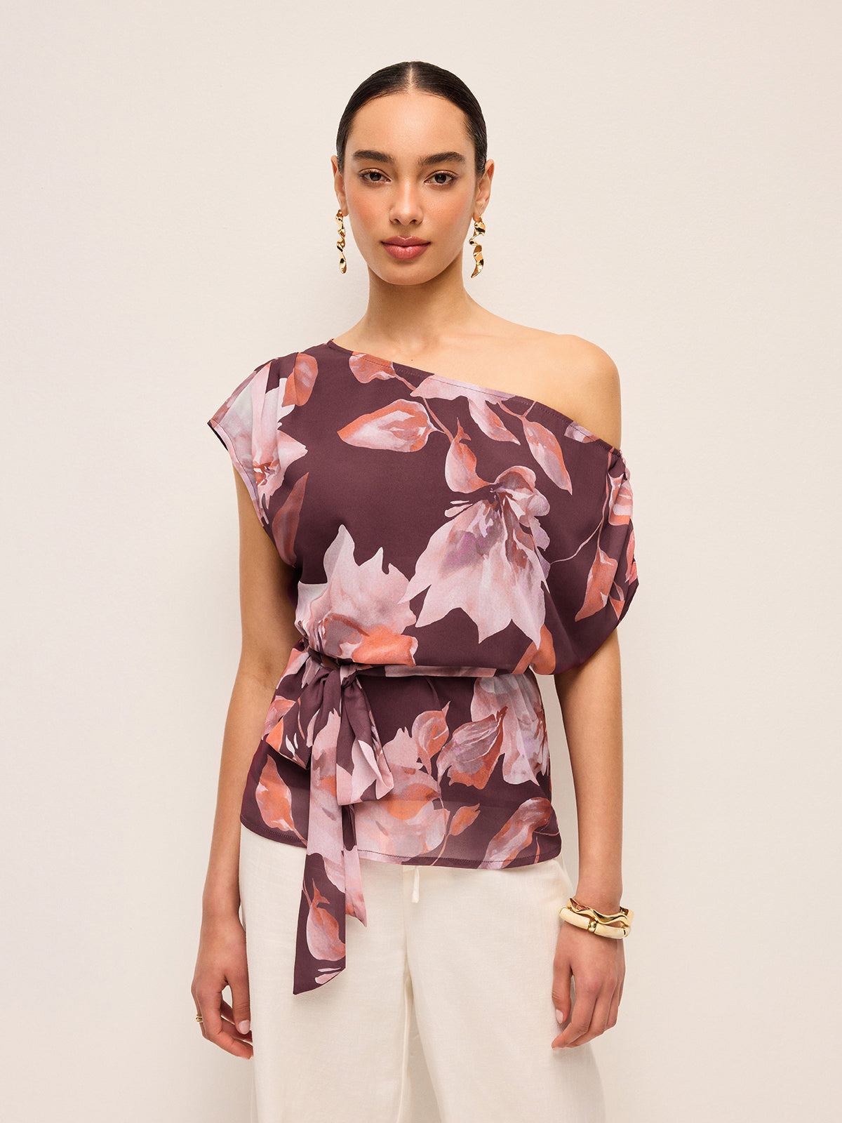 One-Shoulder Floral Belted Blouse