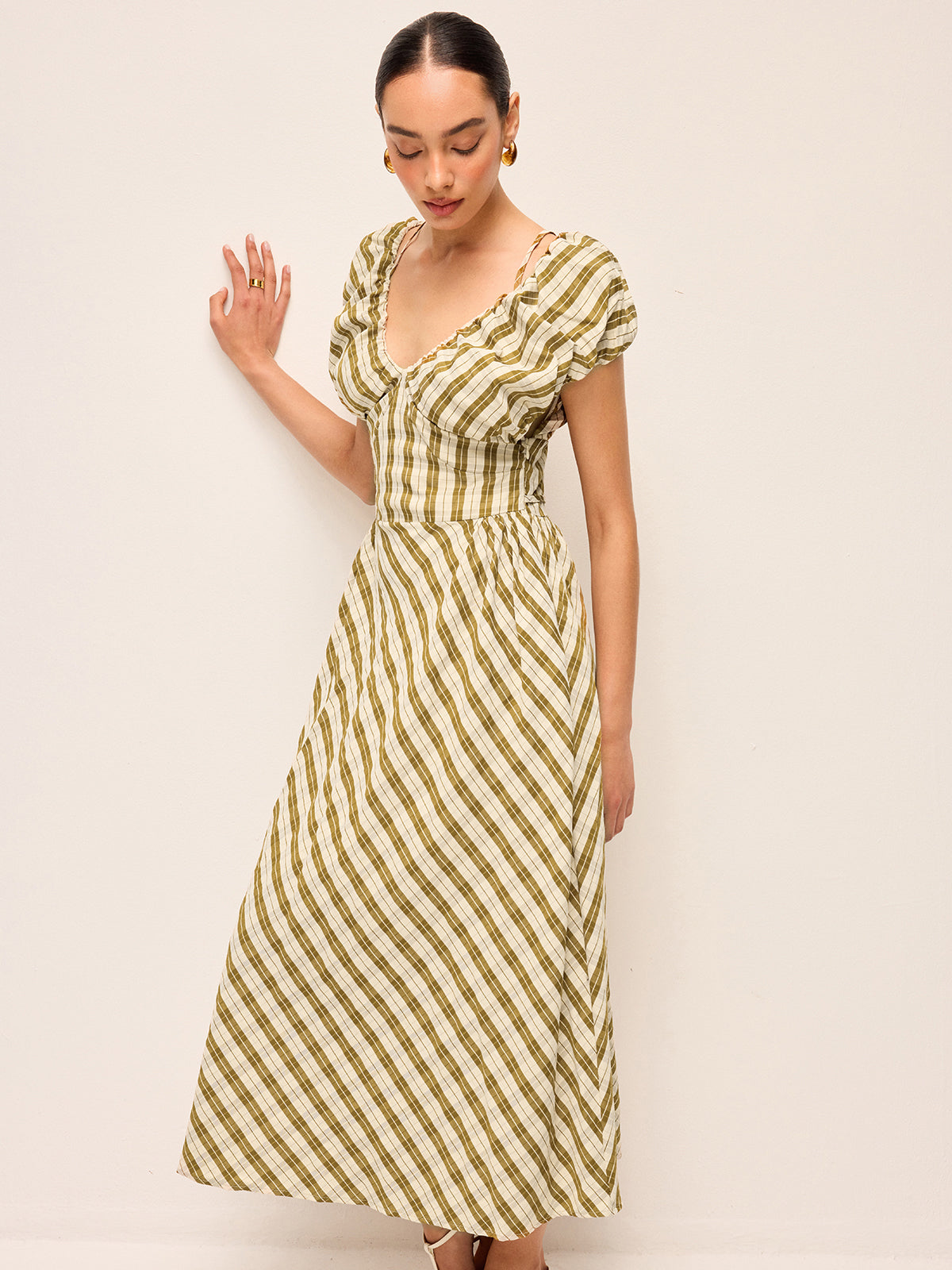 Sweetheart Neck Puff Sleeve Plaid Dress Without Belt