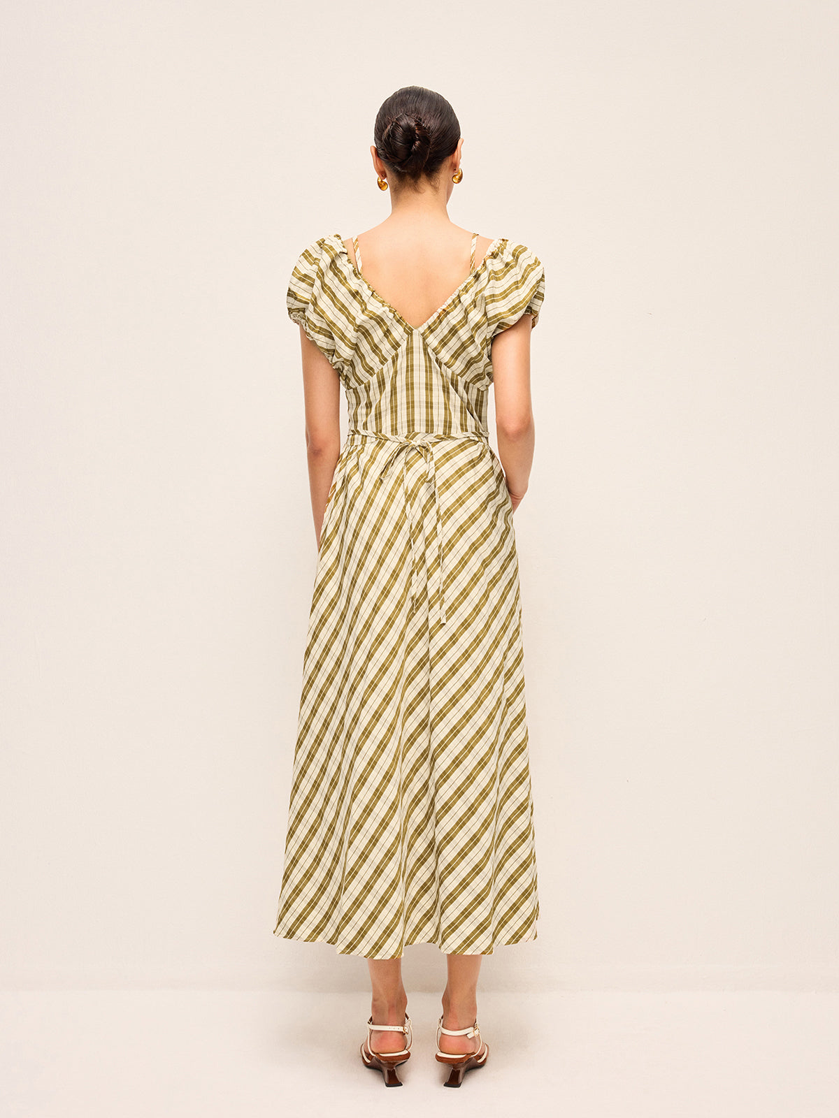 Sweetheart Neck Puff Sleeve Plaid Dress Without Belt