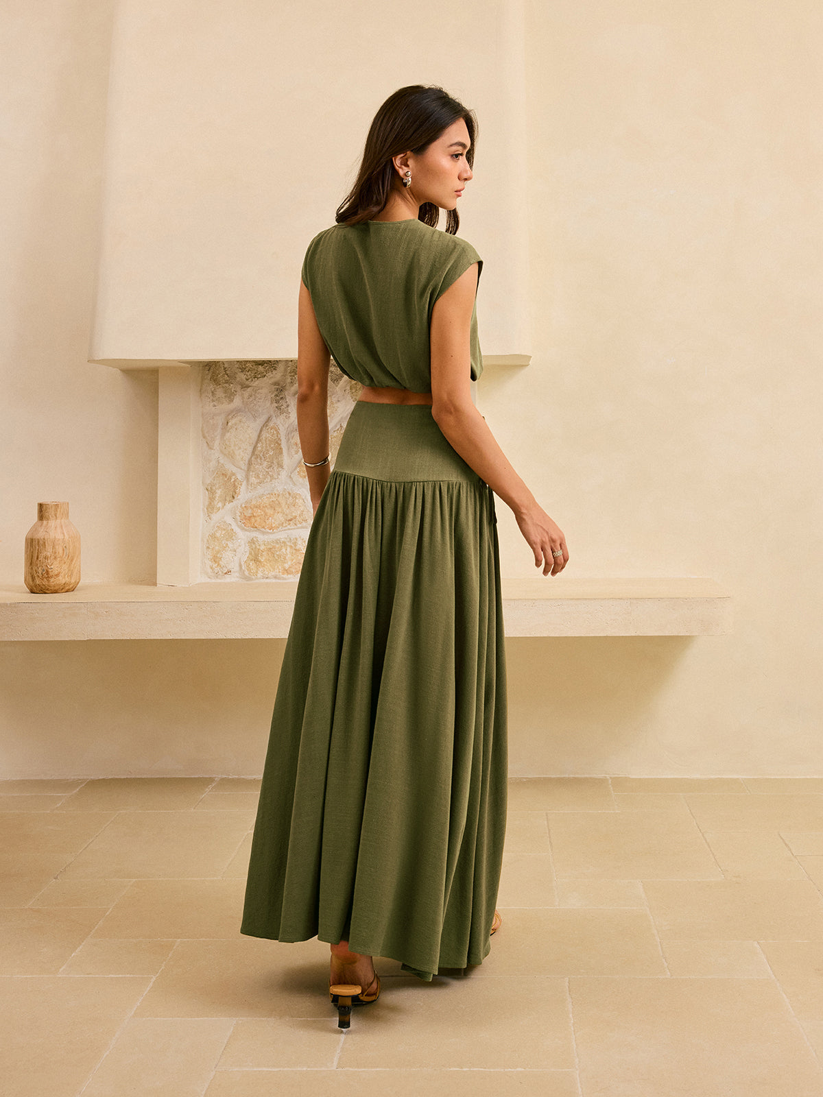 Ensemble crop top à nouer et jupe longue à volants