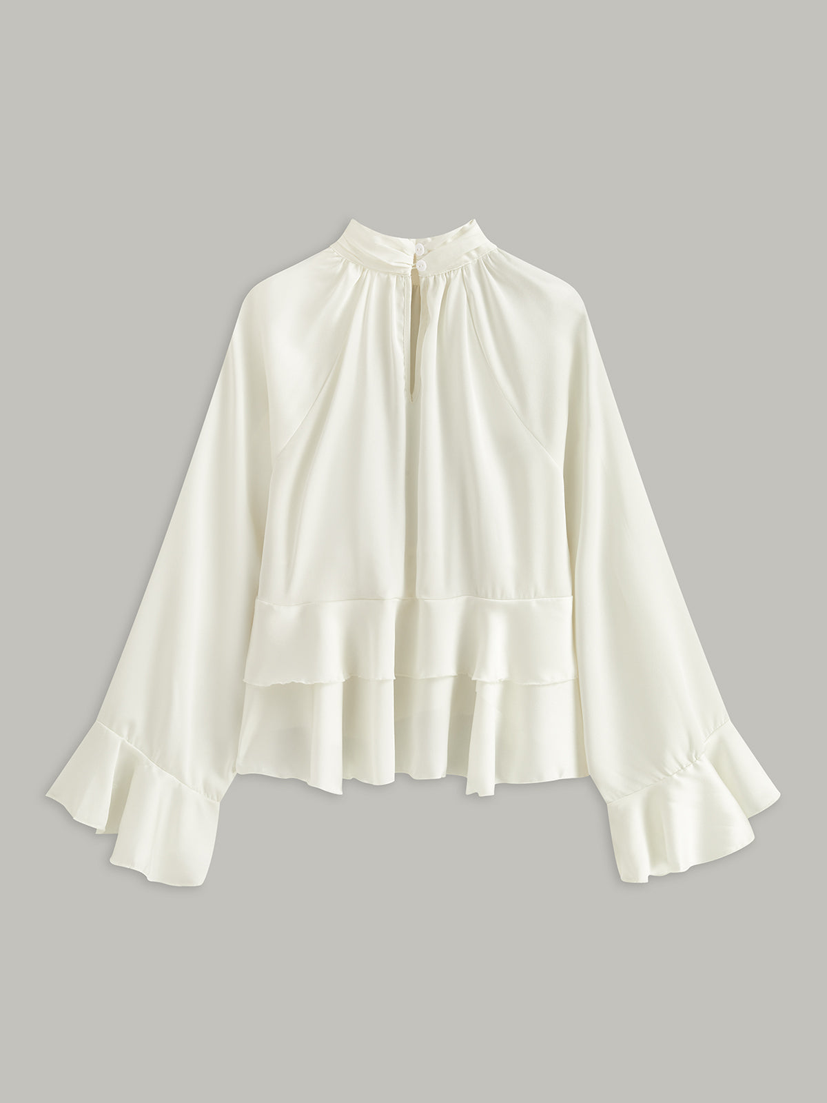 Stand Collar Button Ruffle Peplum Blouse