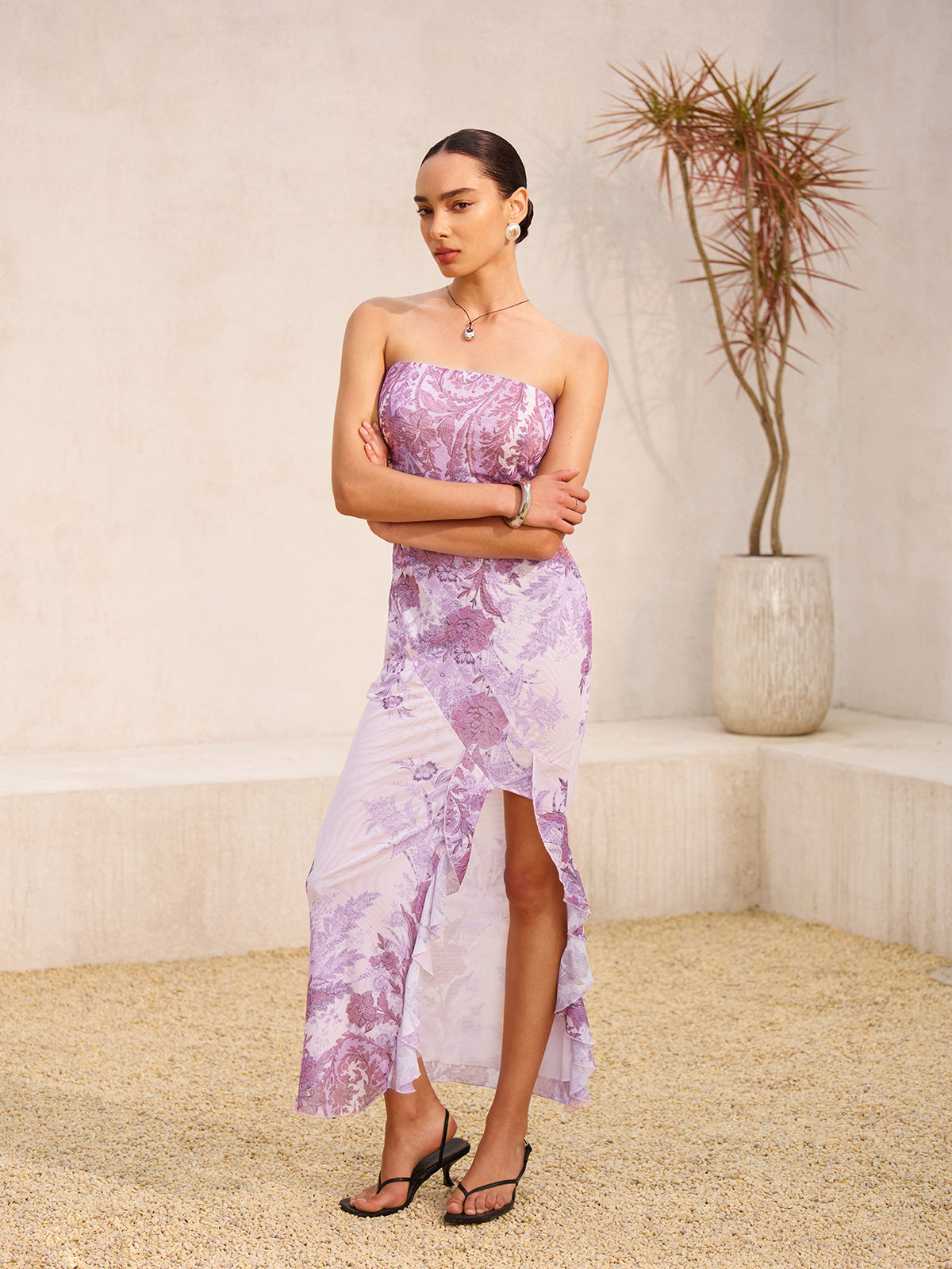 Strapless Floral Print Split Dress