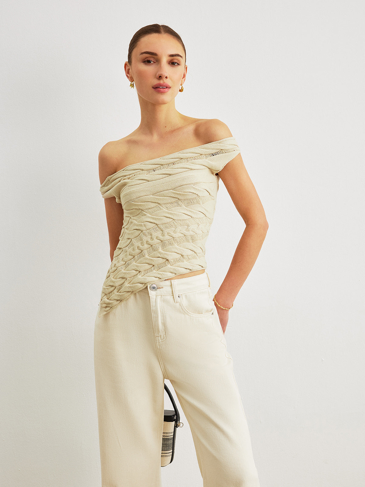 Off-Shoulder Cable Knit Top