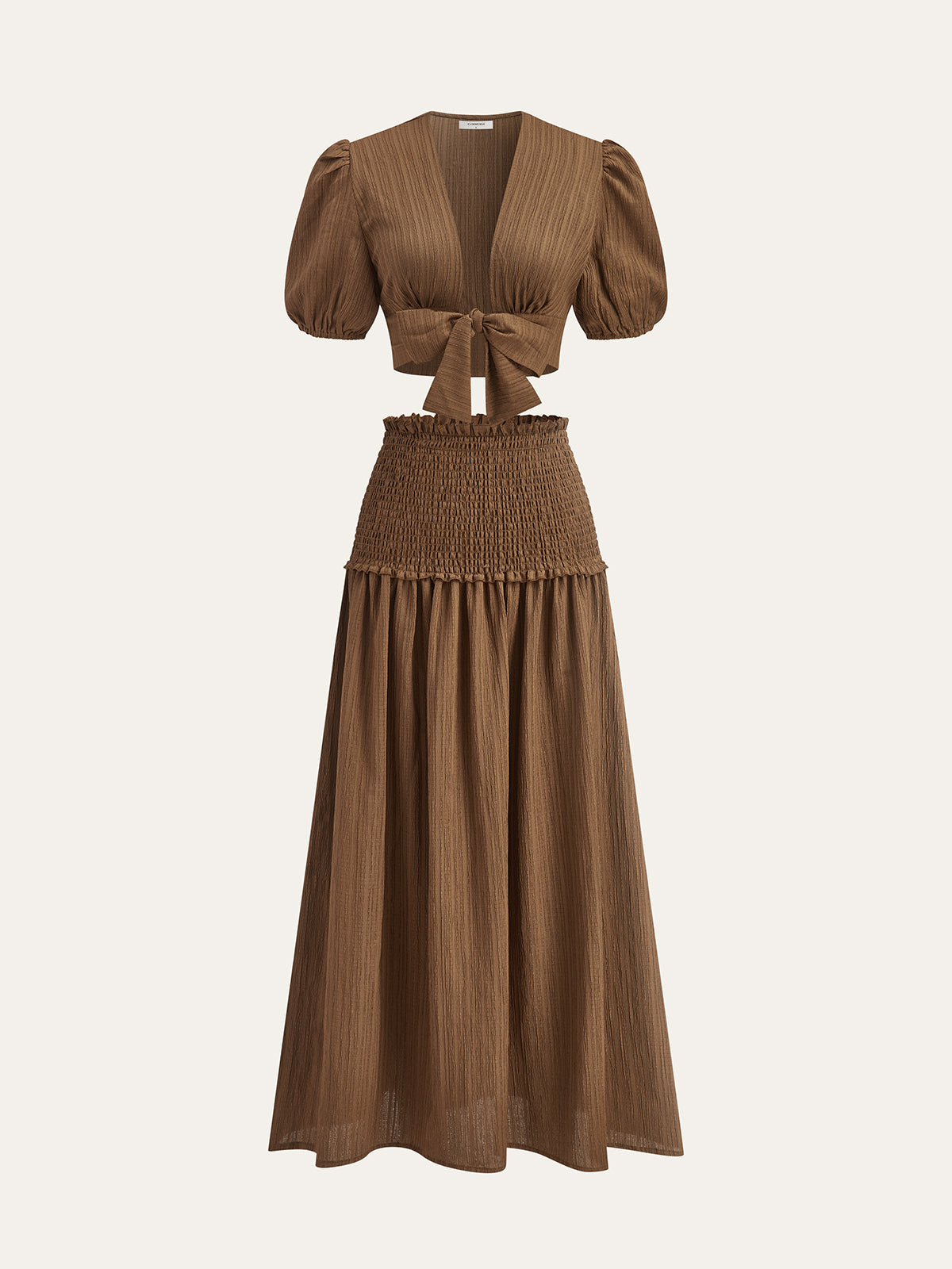 Ensemble crop top à manches bouffantes et jupe midi à taille smockée