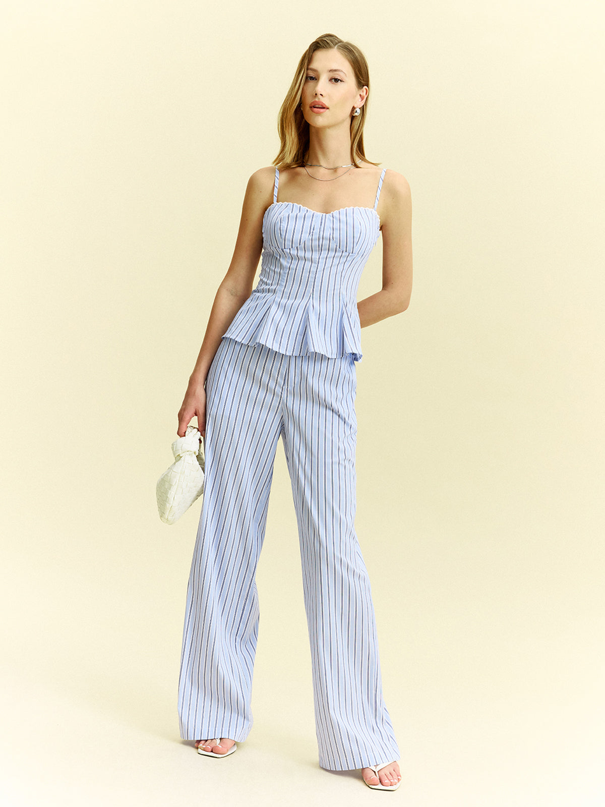 Gestreiftes Peplum-Oberteil und Hose mit weitem Bein Set