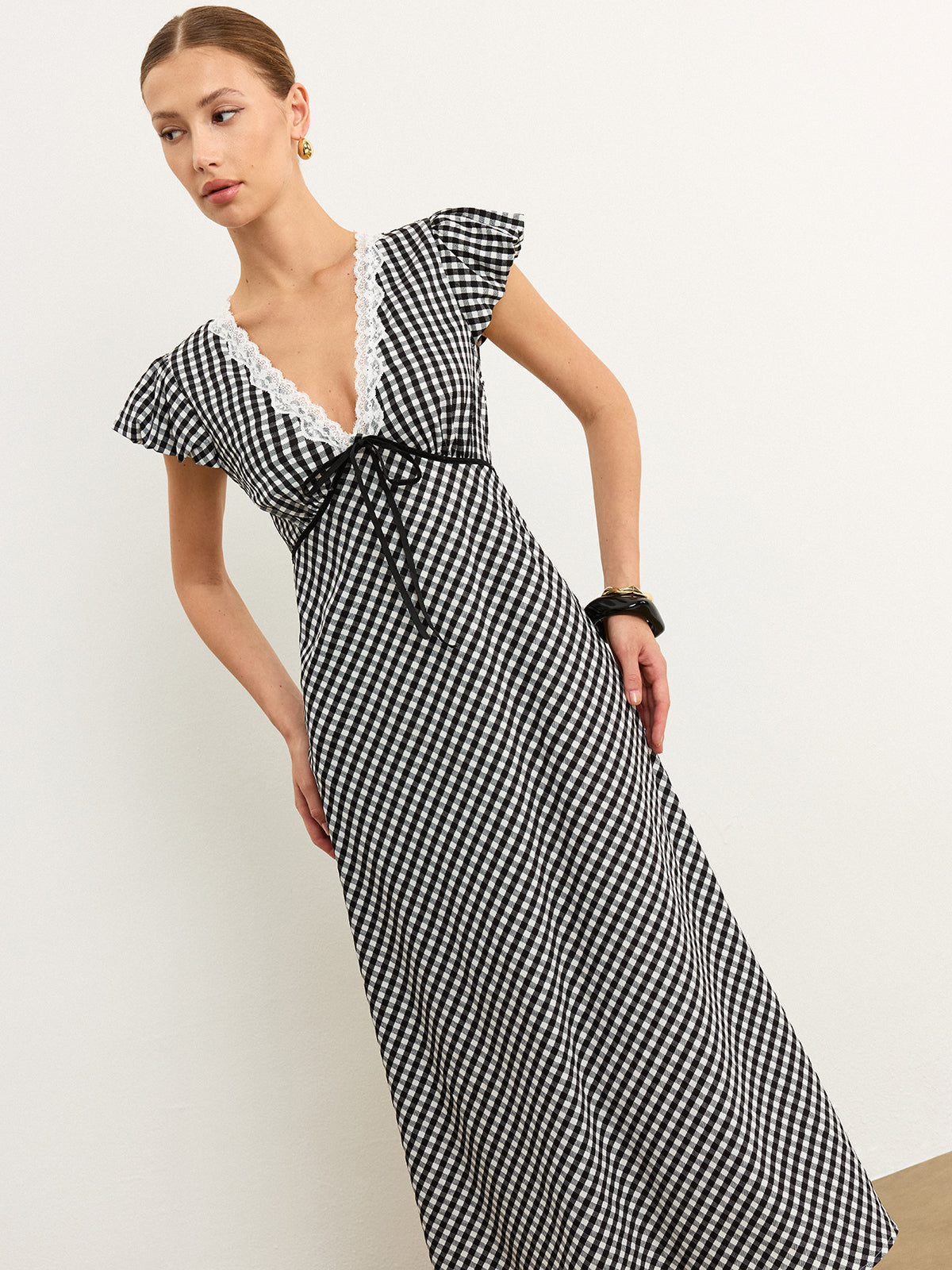Gingham-Midikleid mit Spitzendetails
