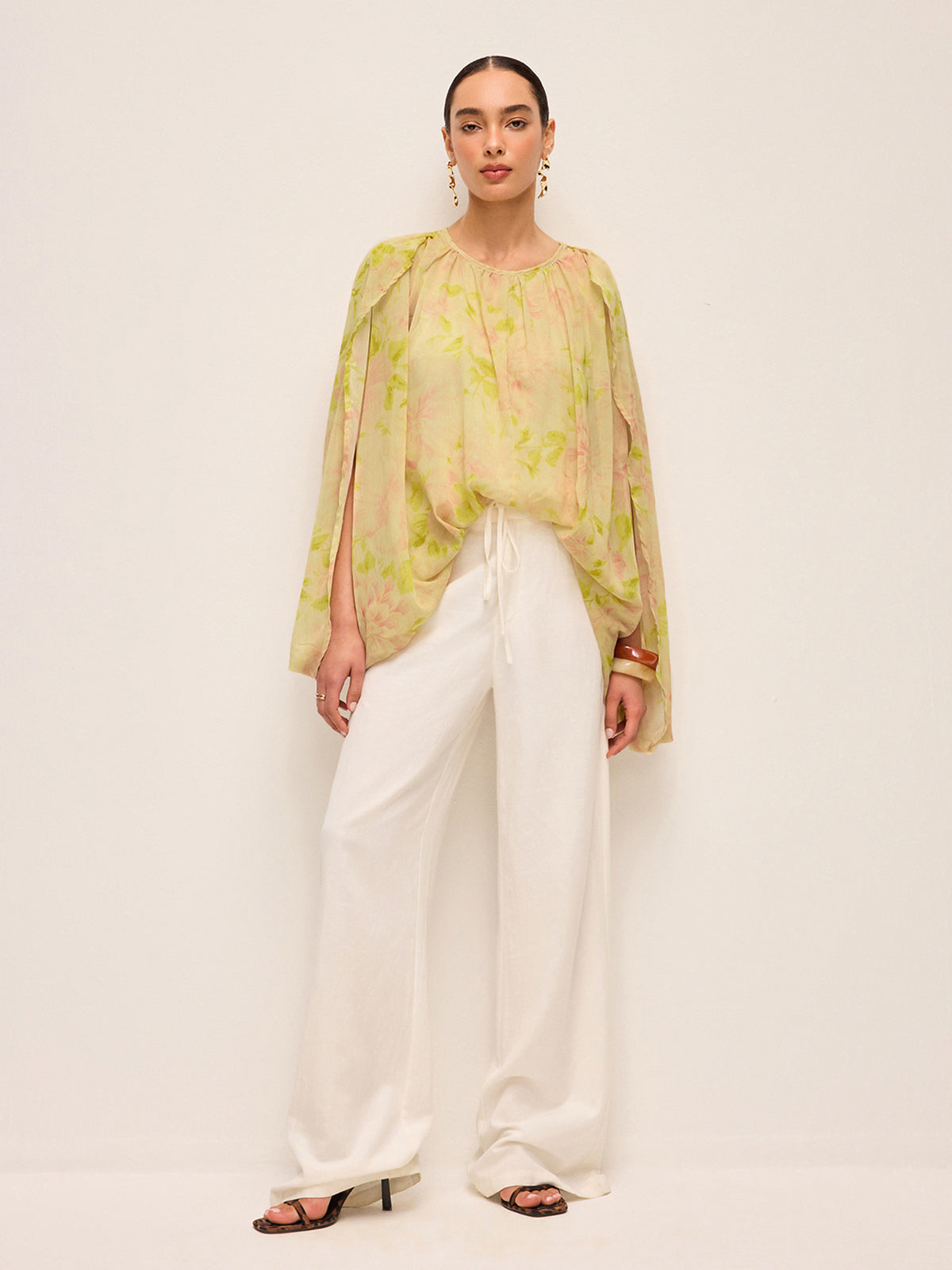 Semi-Sheer Chiffon Floral Drape Sleeve Blouse