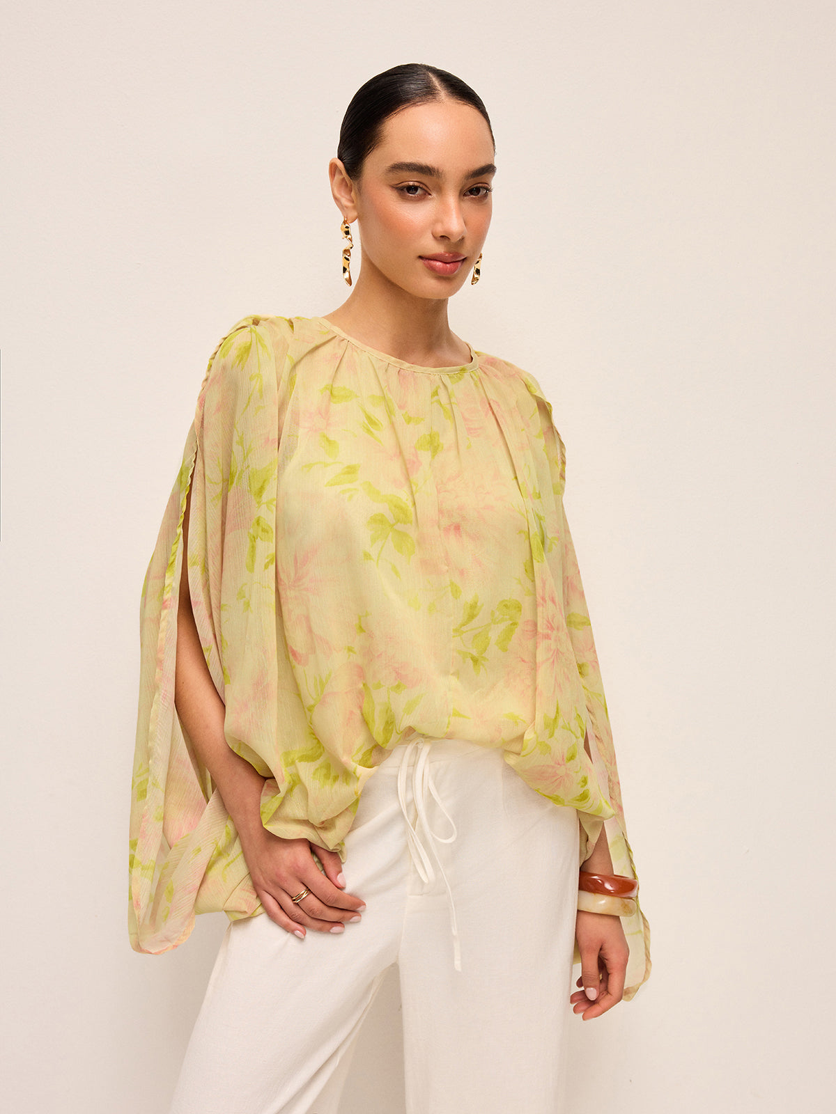 Semi-Sheer Chiffon Floral Drape Sleeve Blouse