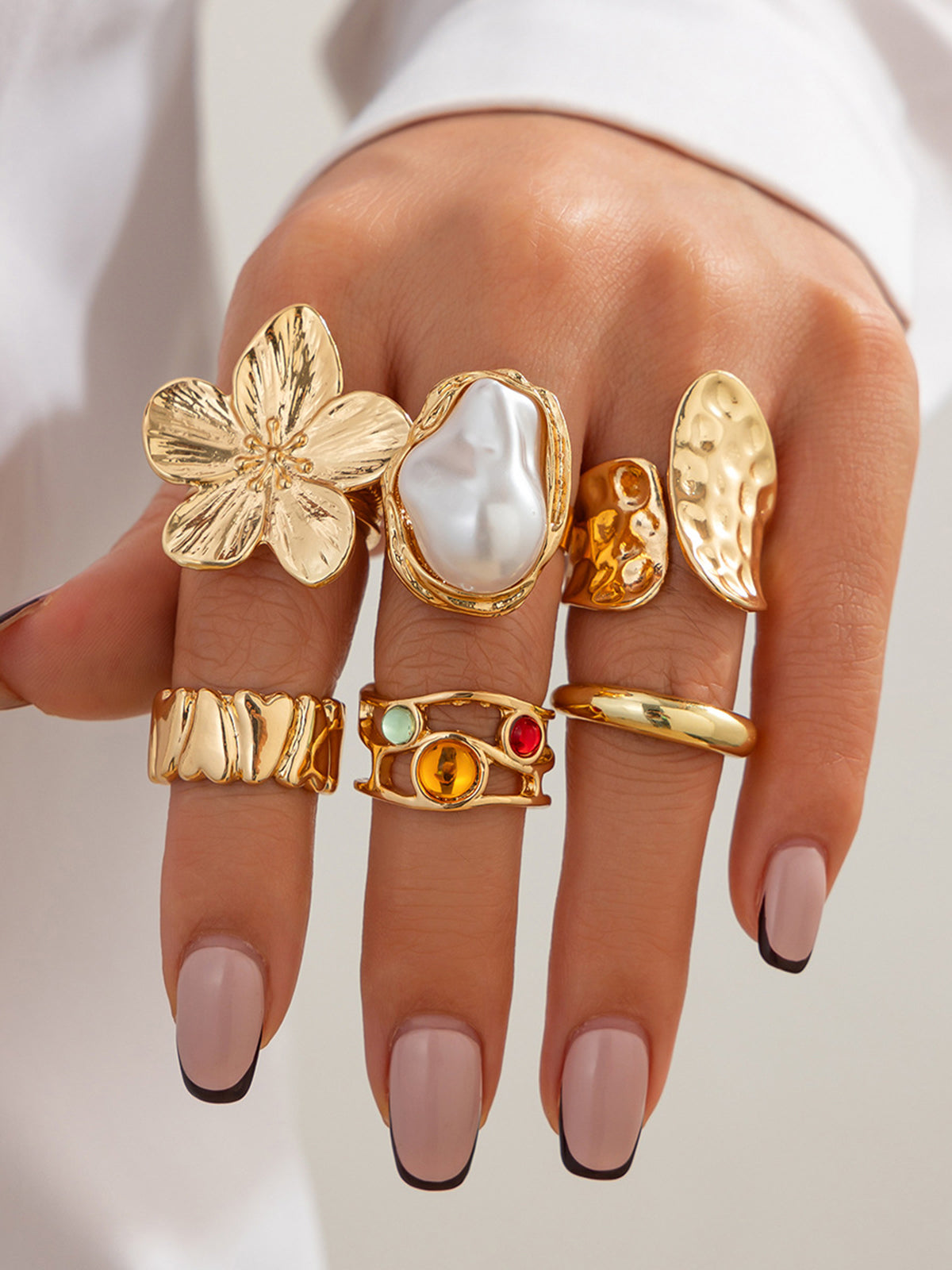 Six-Piece Statement Ring Set With Pearl & Floral Accents