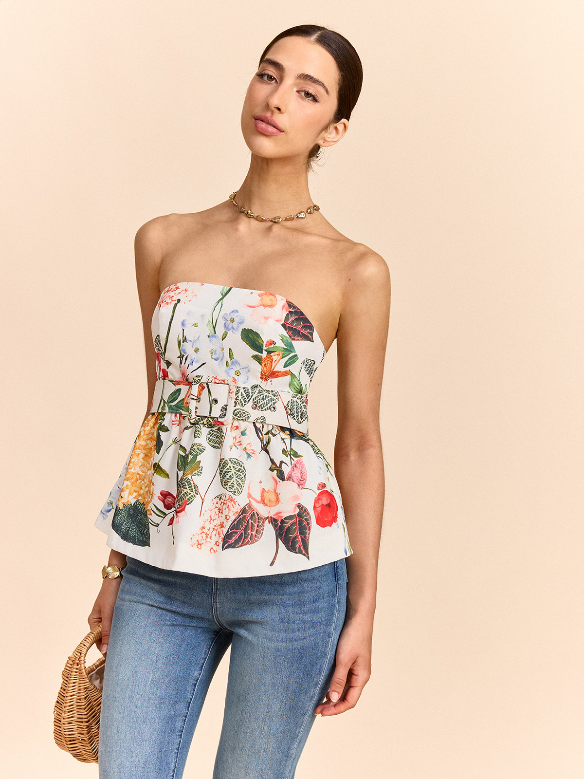 Haut péplum bustier imprimé fleuri avec ceinture
