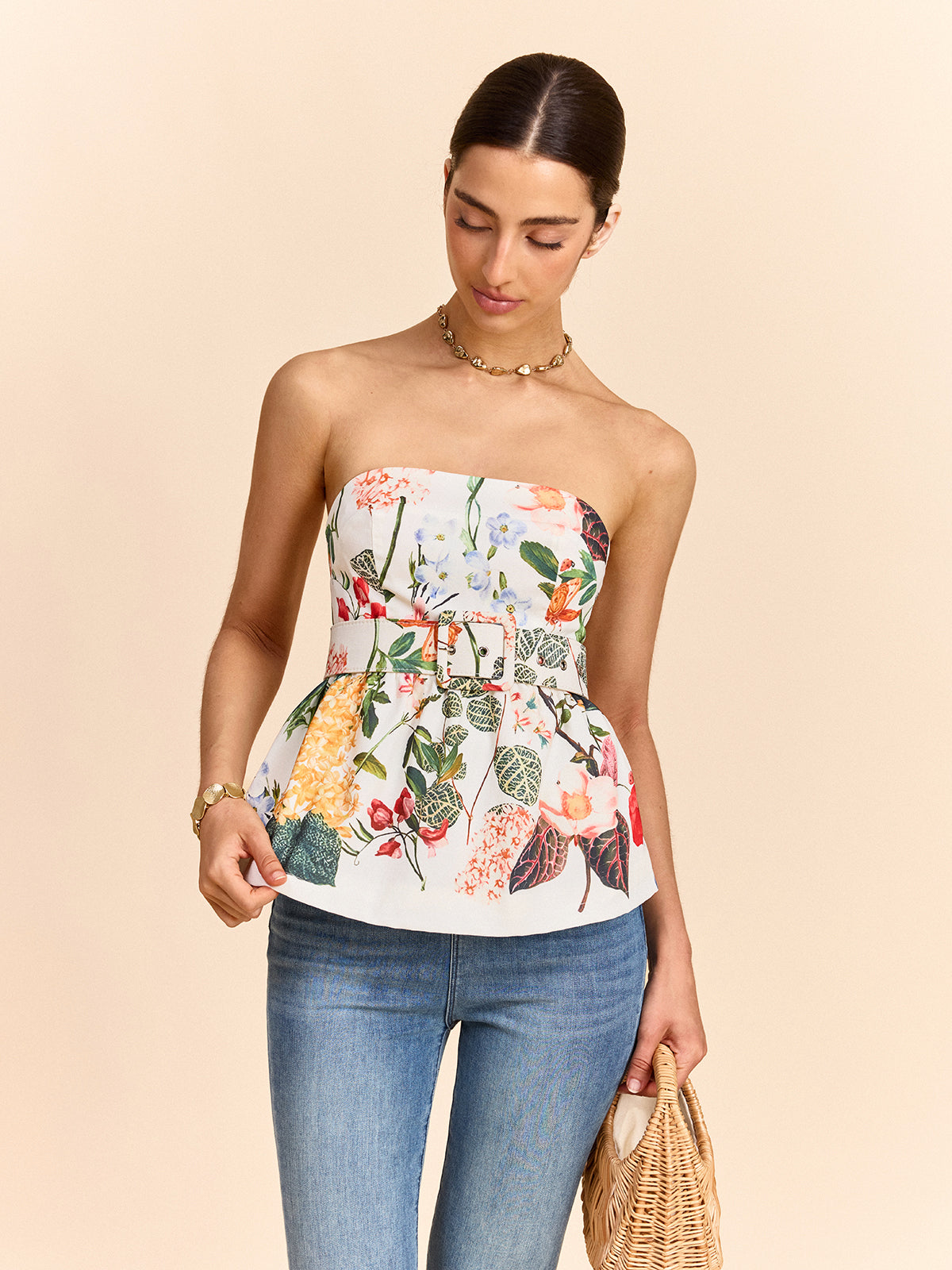 Haut péplum bustier imprimé fleuri avec ceinture