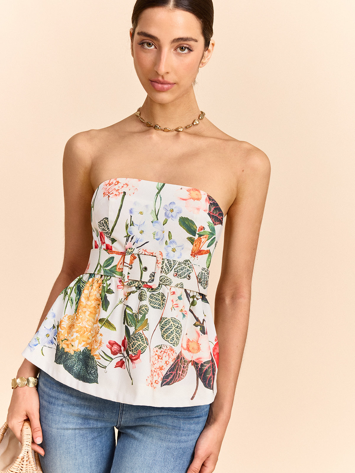Haut péplum bustier imprimé fleuri avec ceinture