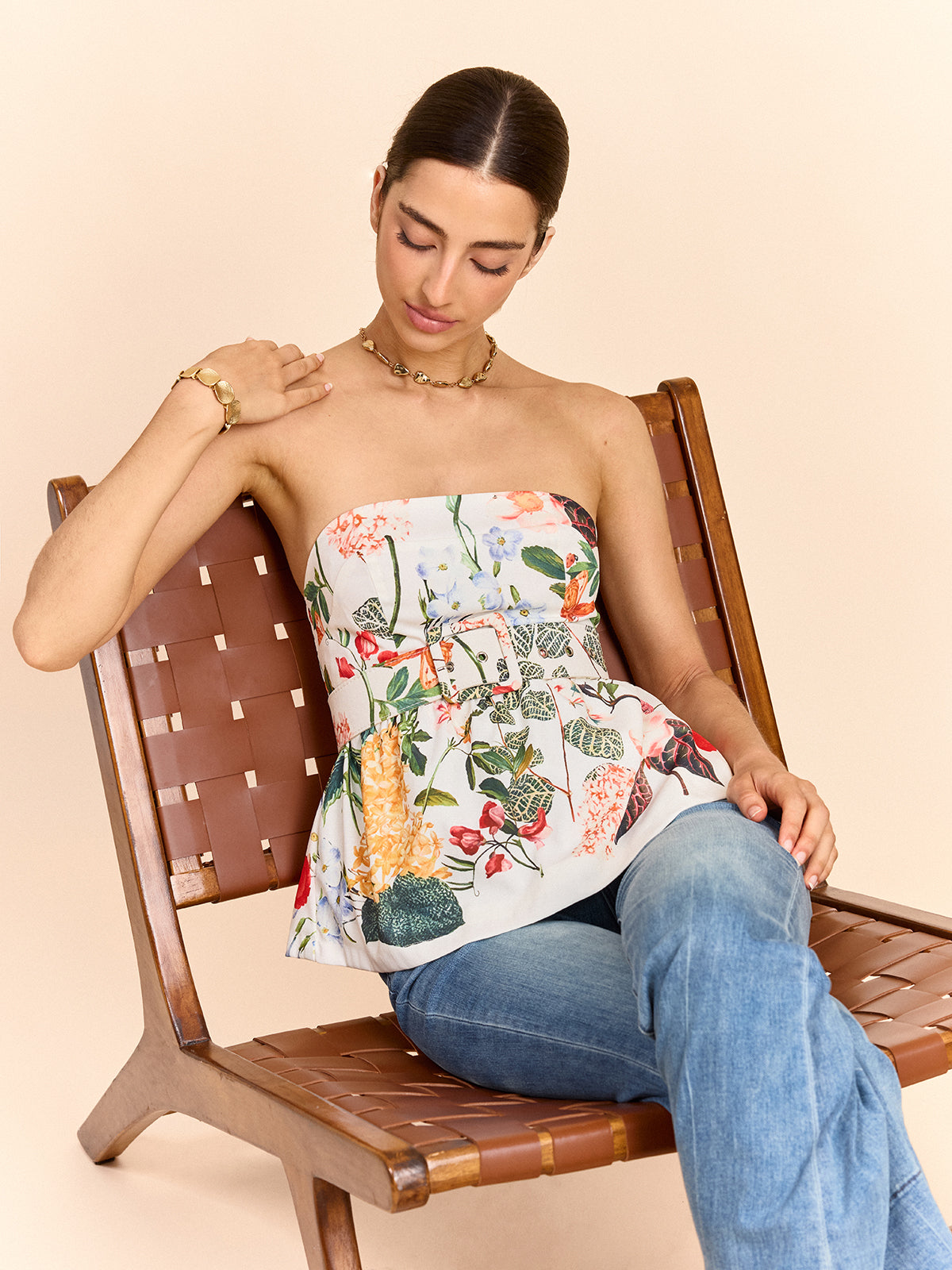 Haut péplum bustier imprimé fleuri avec ceinture