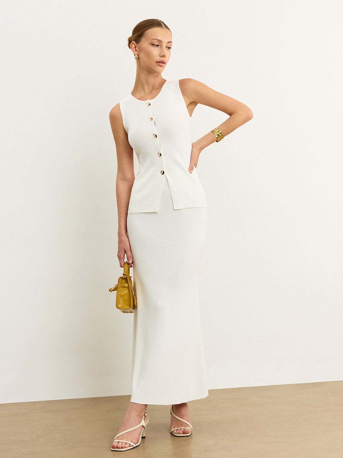 Sleeveless Button-Front Knit Skirt Set