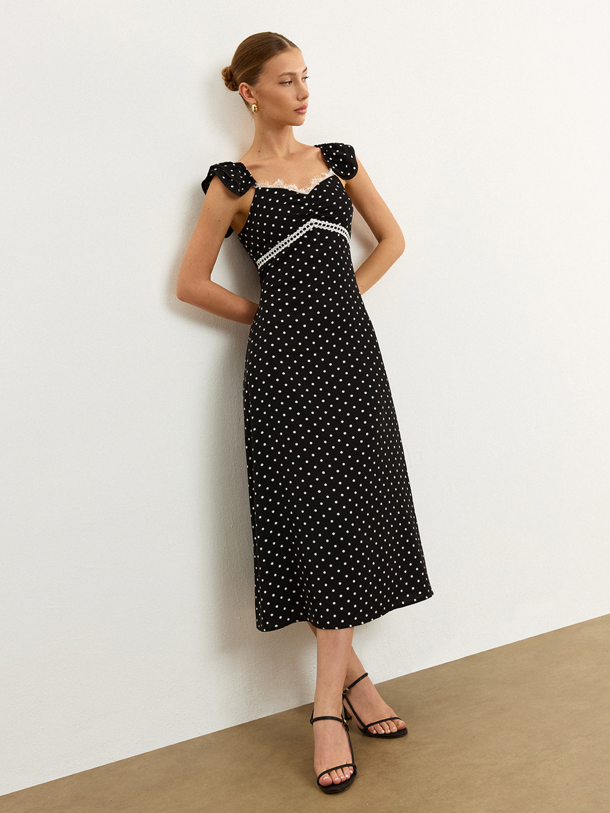 Polka Dot Lace Trim Midi Dress