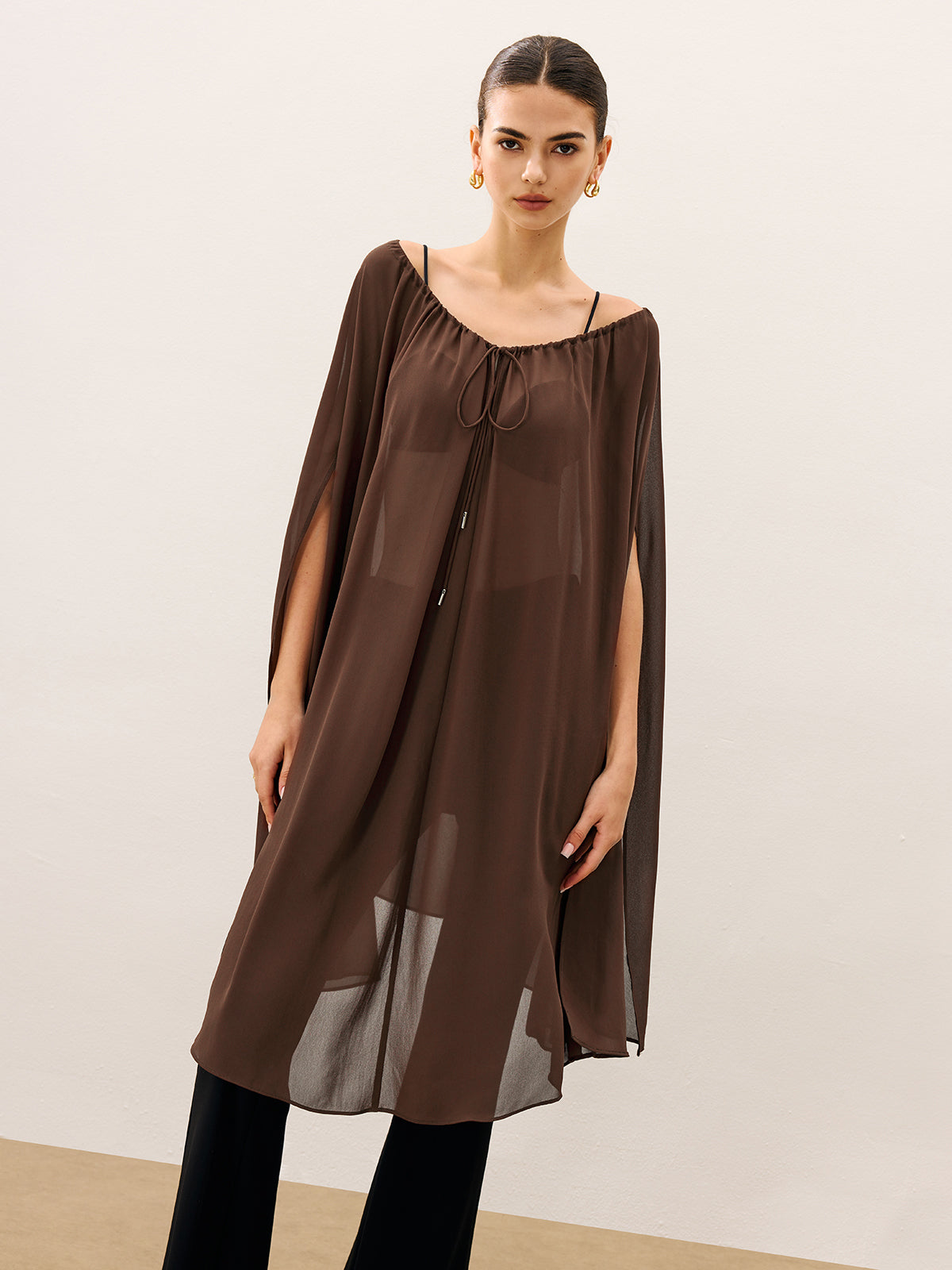 Cape-Style Semi Sheer Chiffon Blouse With Tie Detail