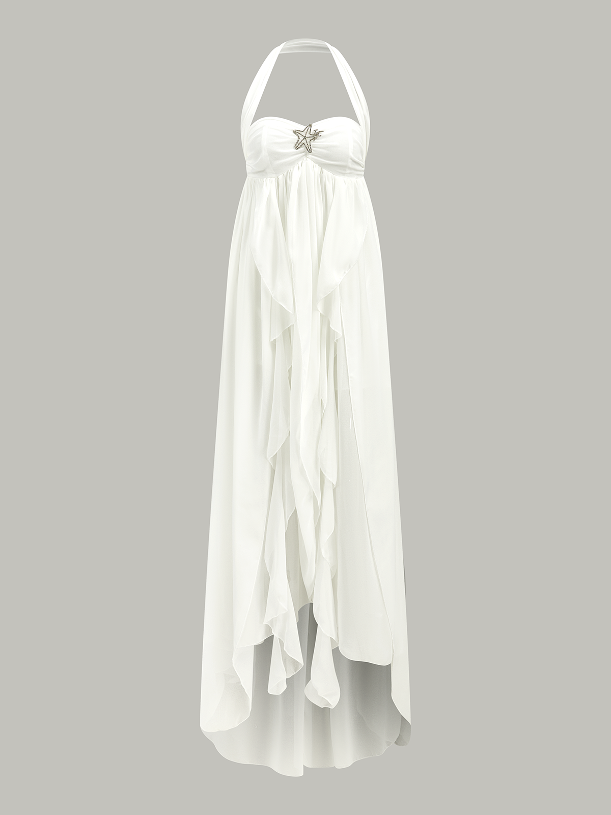 Semi-Sheer Halter Ruffle Backless Maxi Dress