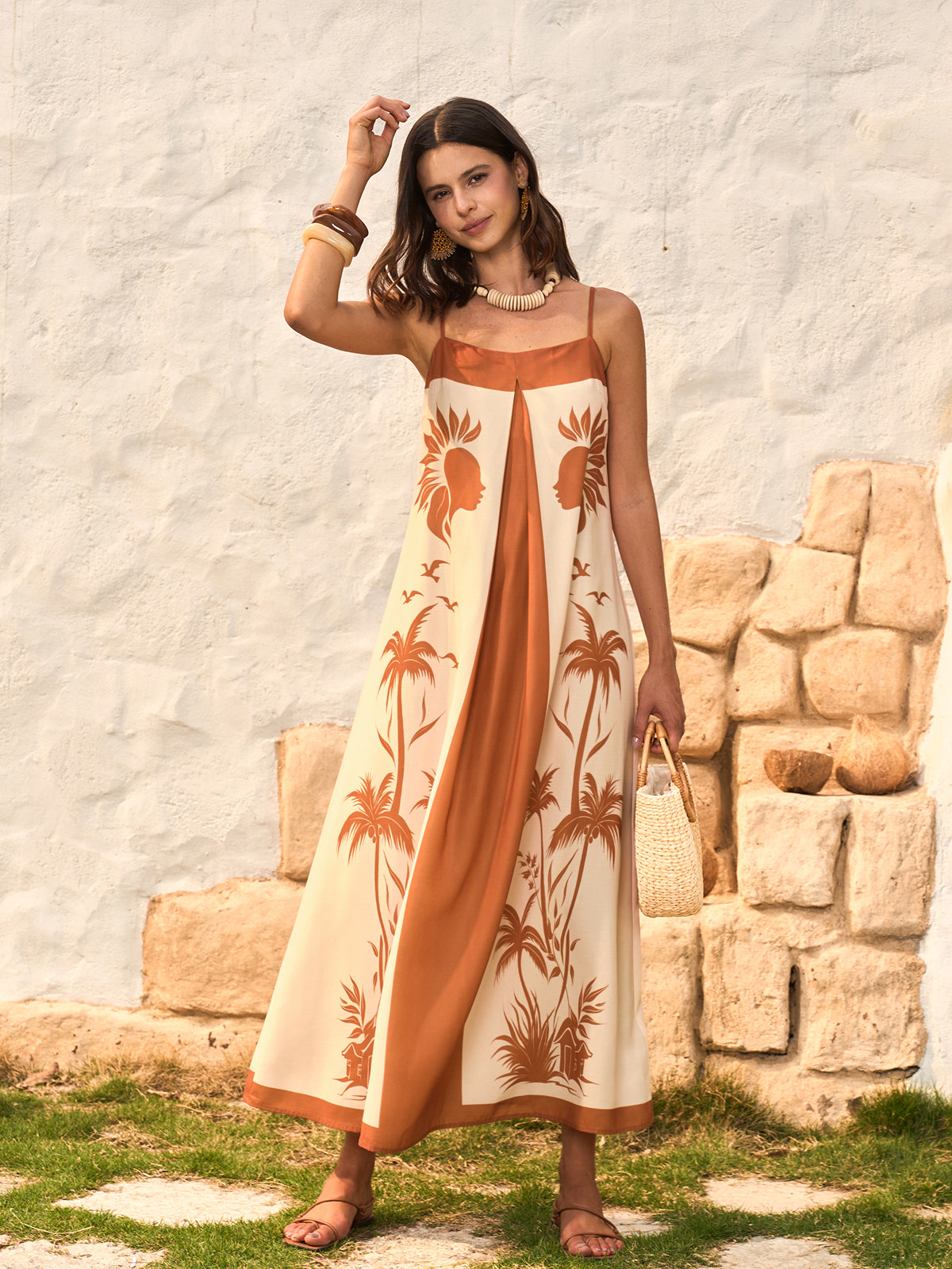 Trägerkleid im Boho-Stil mit Kontrasteinsatz