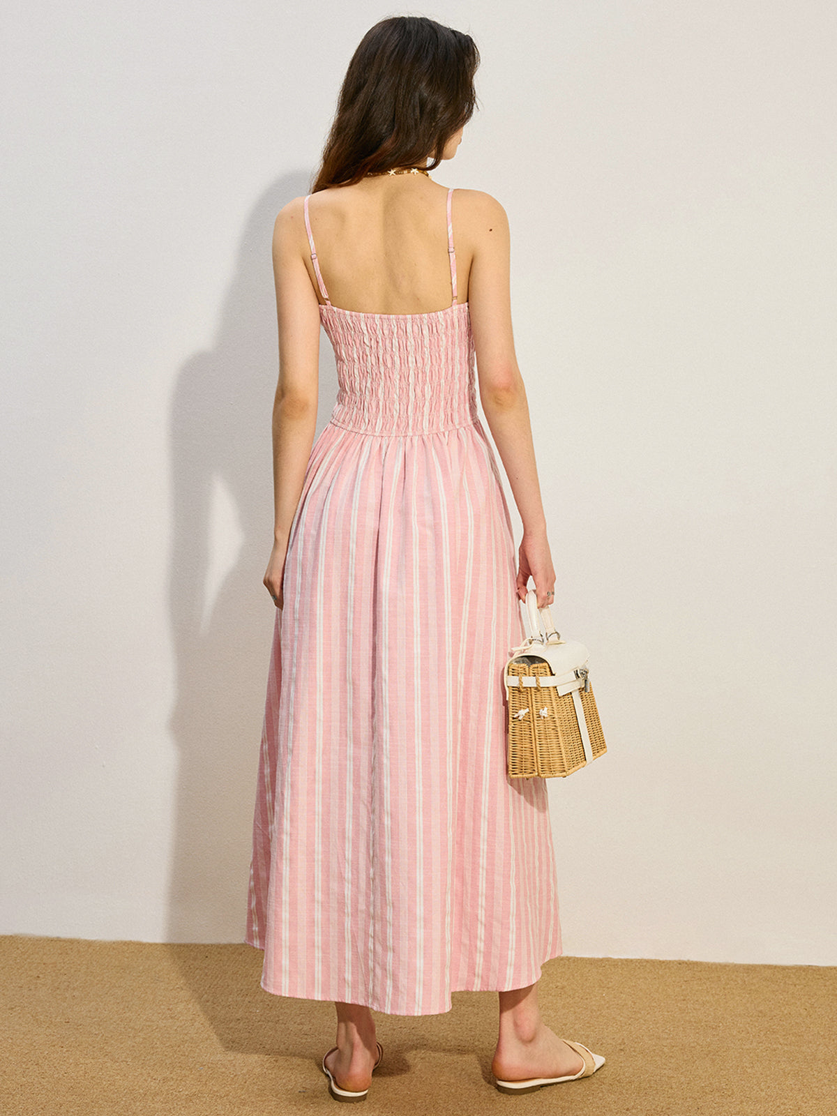 Pocketed Striped Shirred Maxi Dress