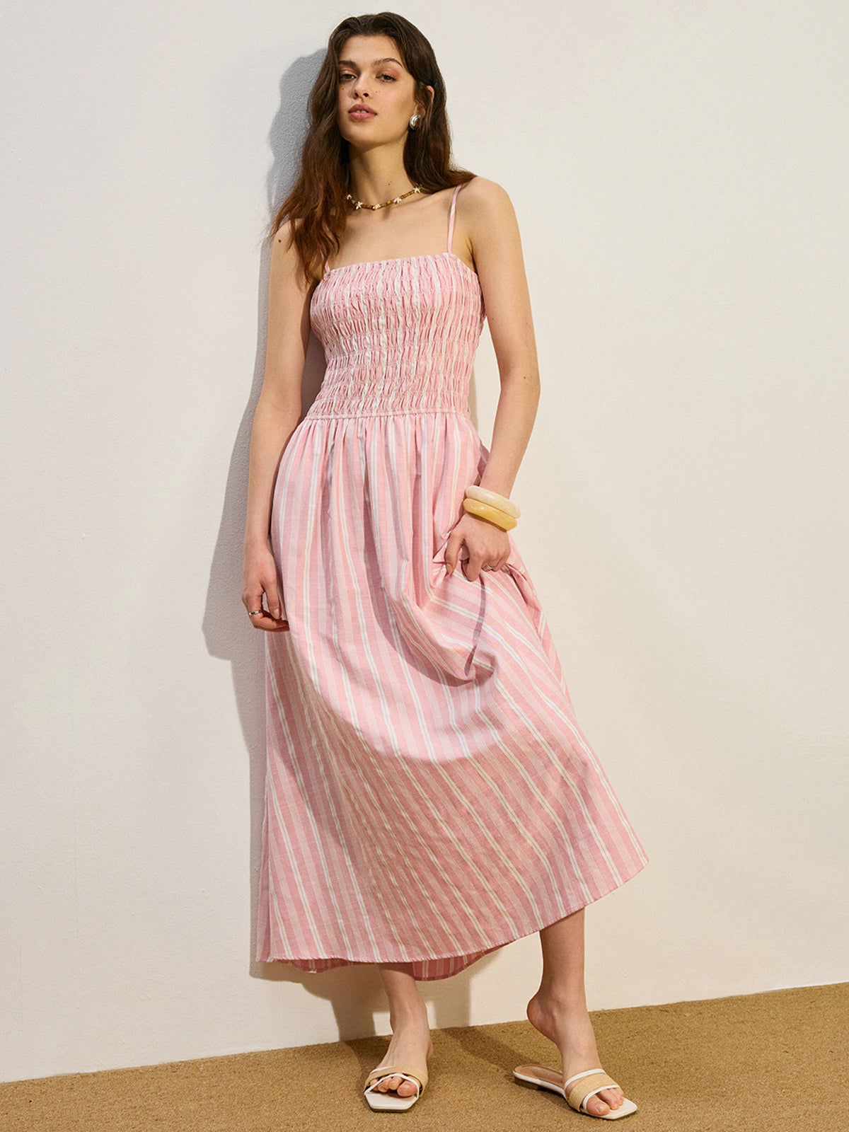 Pocketed Striped Shirred Maxi Dress
