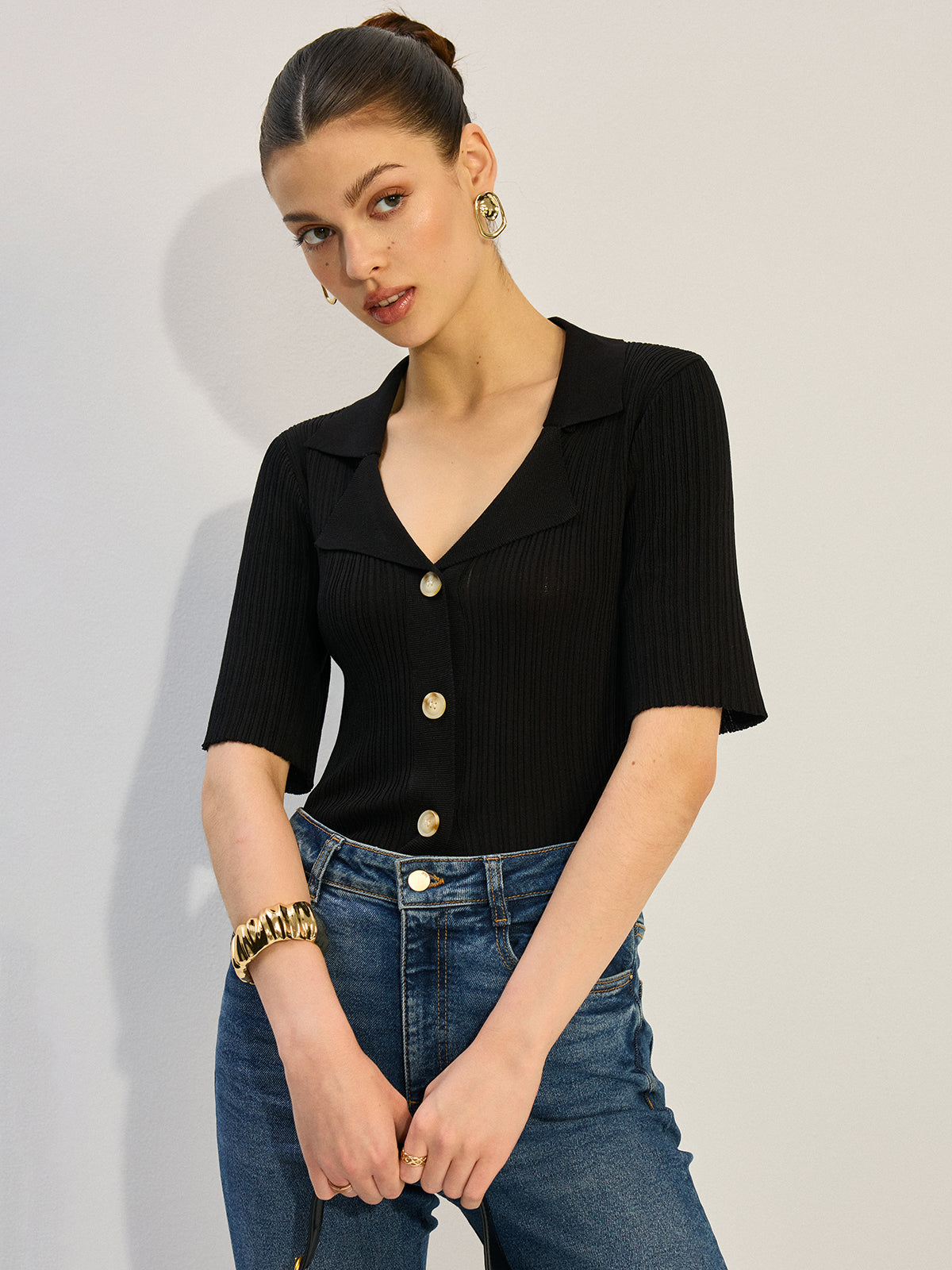 Knit Button-Up Blouse