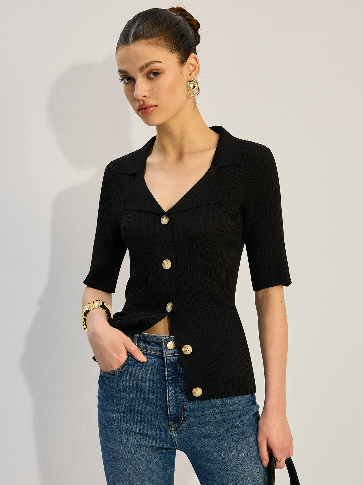 Knit Button-Up Blouse