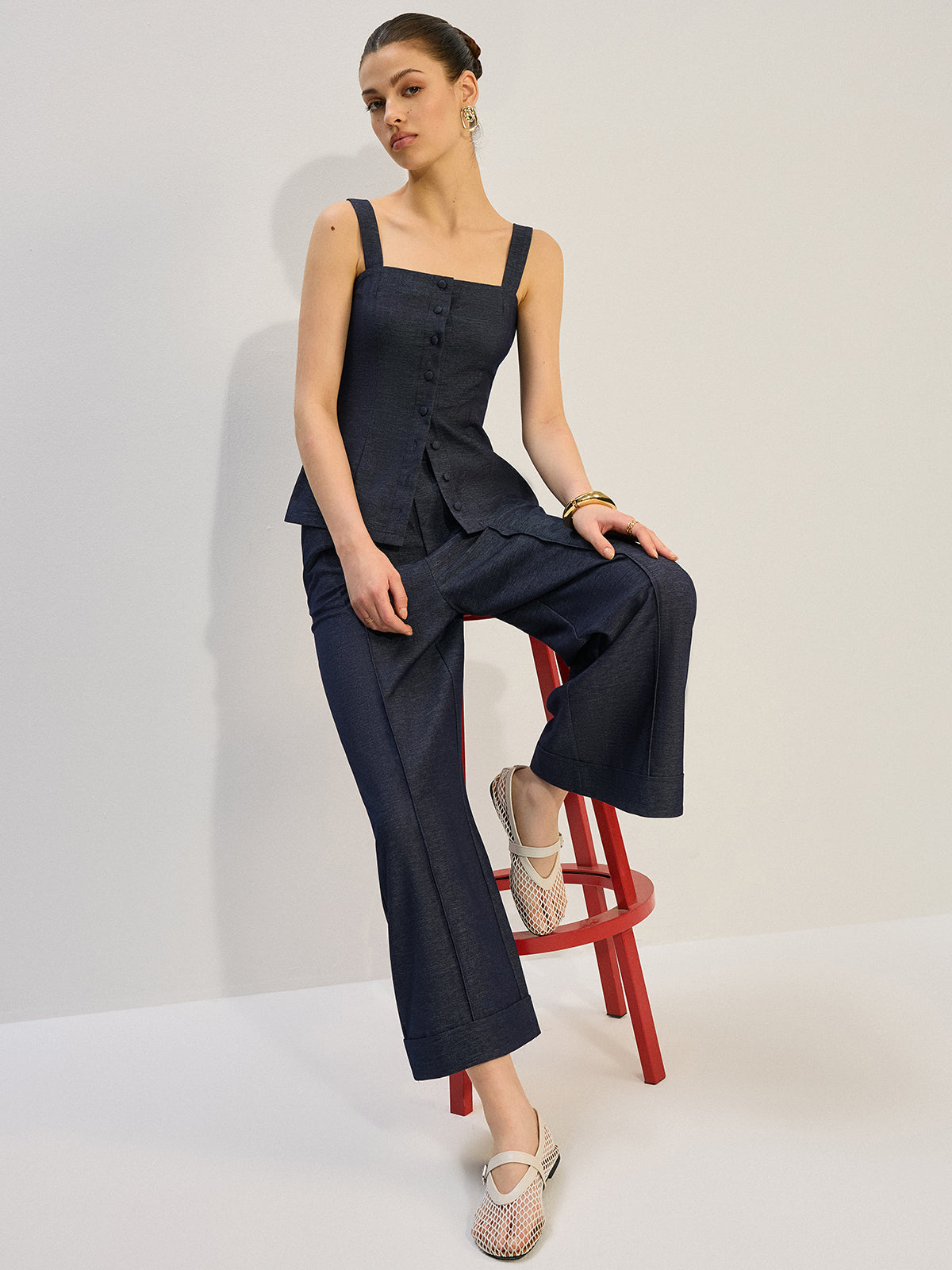 Button-Front Denim Vest Top