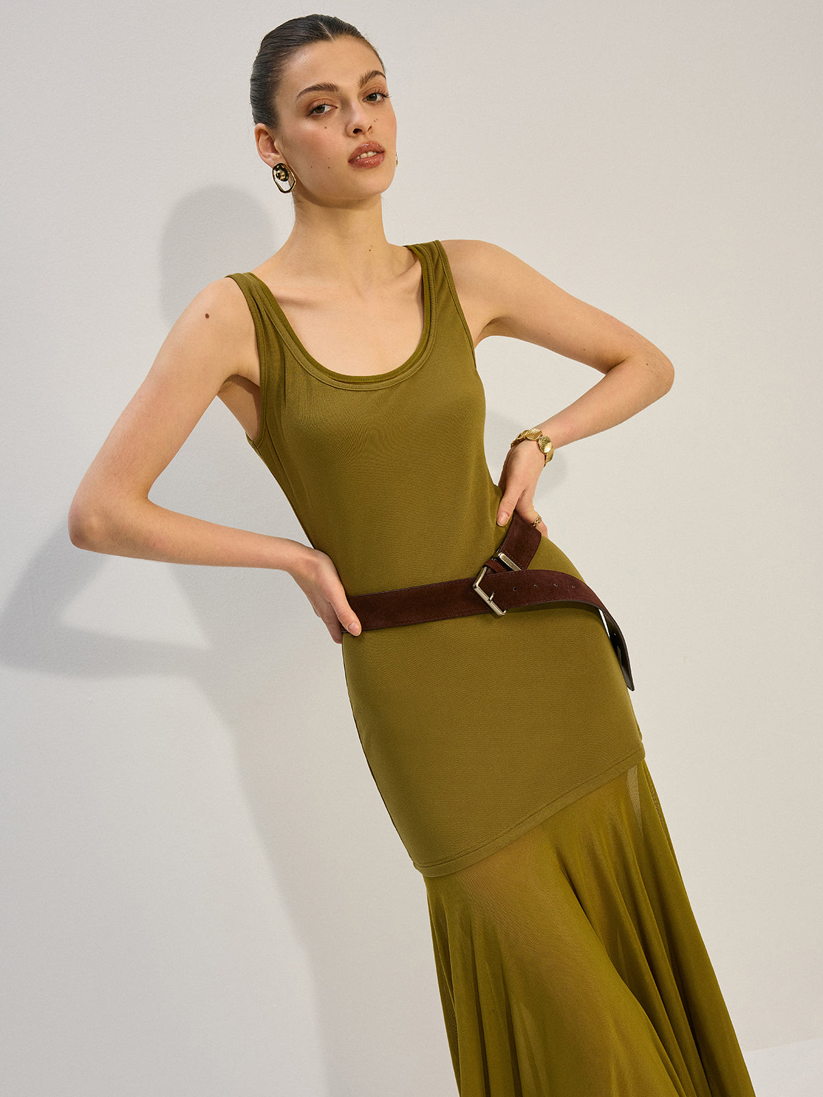 Sleeveless Sheer-Paneled Maxi Dress