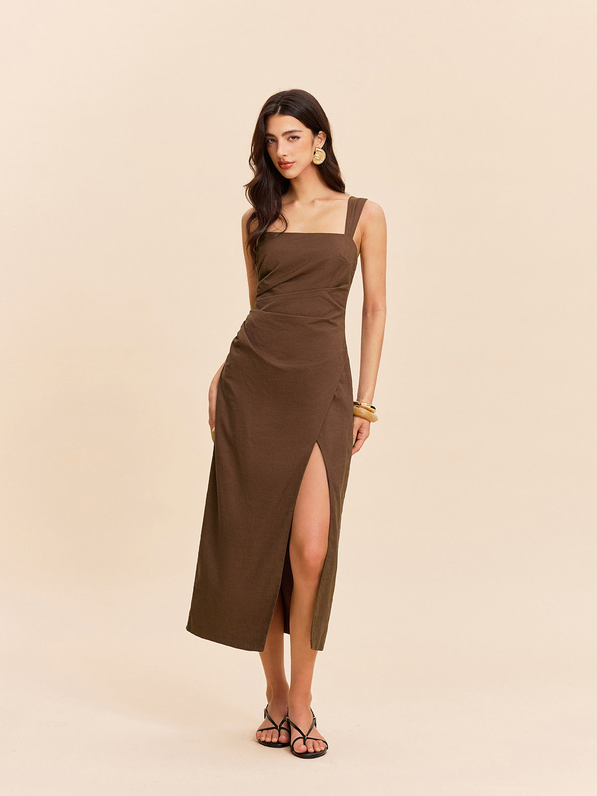 Robe fendue en coton et lin
