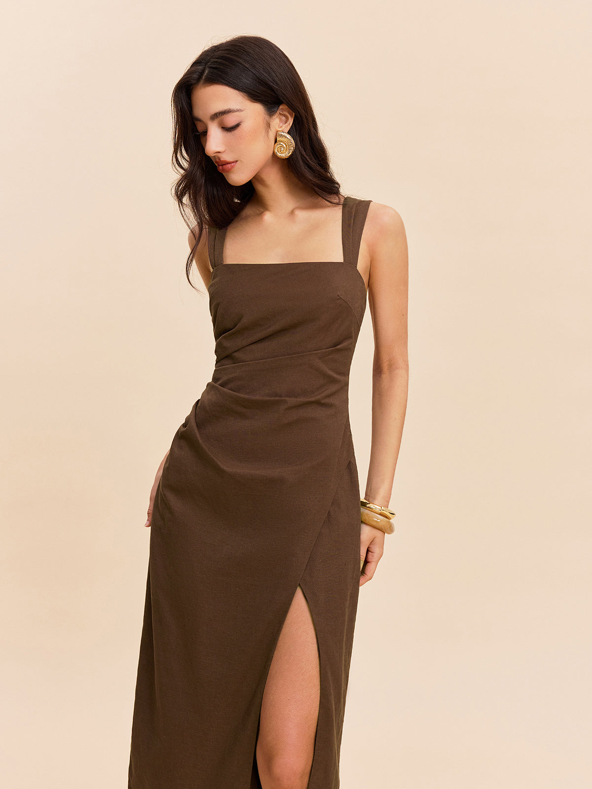 Robe fendue en coton et lin