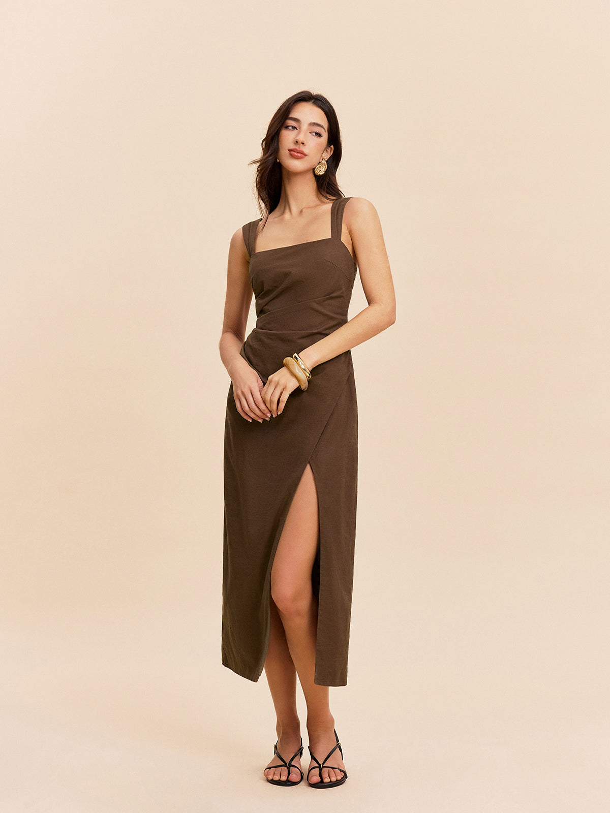 Robe fendue en coton et lin