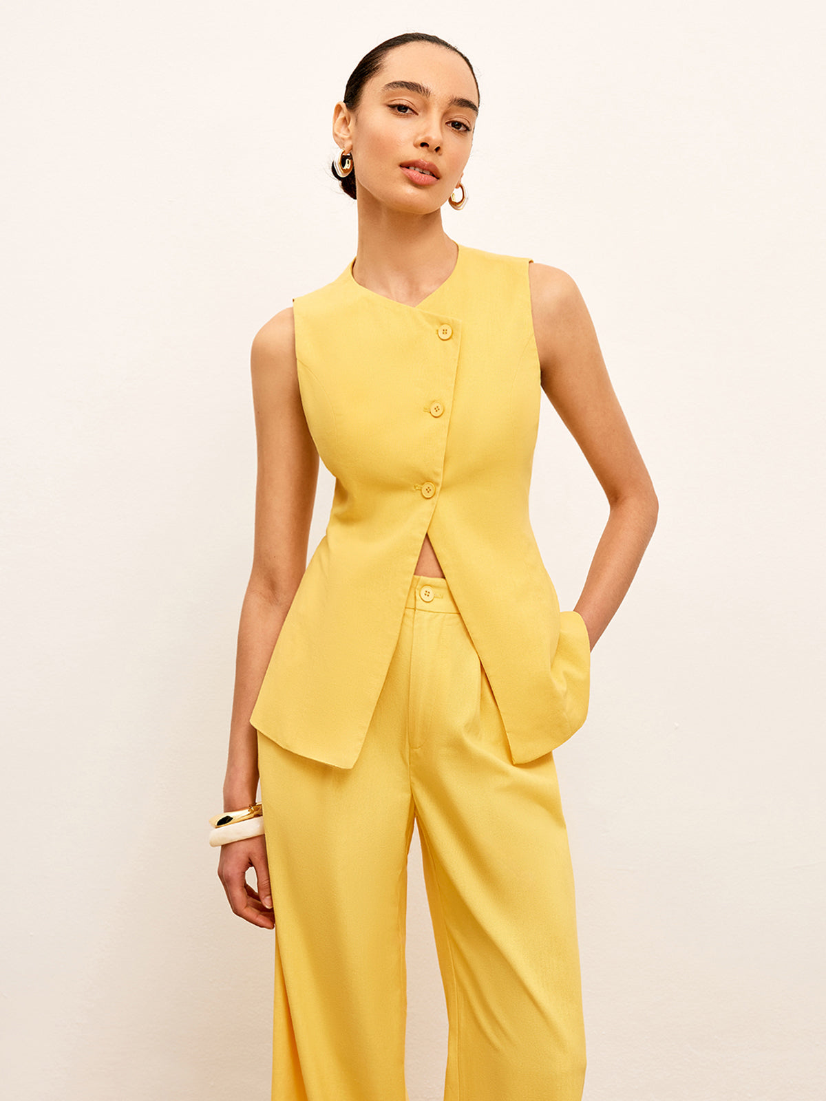 Linen & Cotton Asymmetrical Button Sleeveless Vest