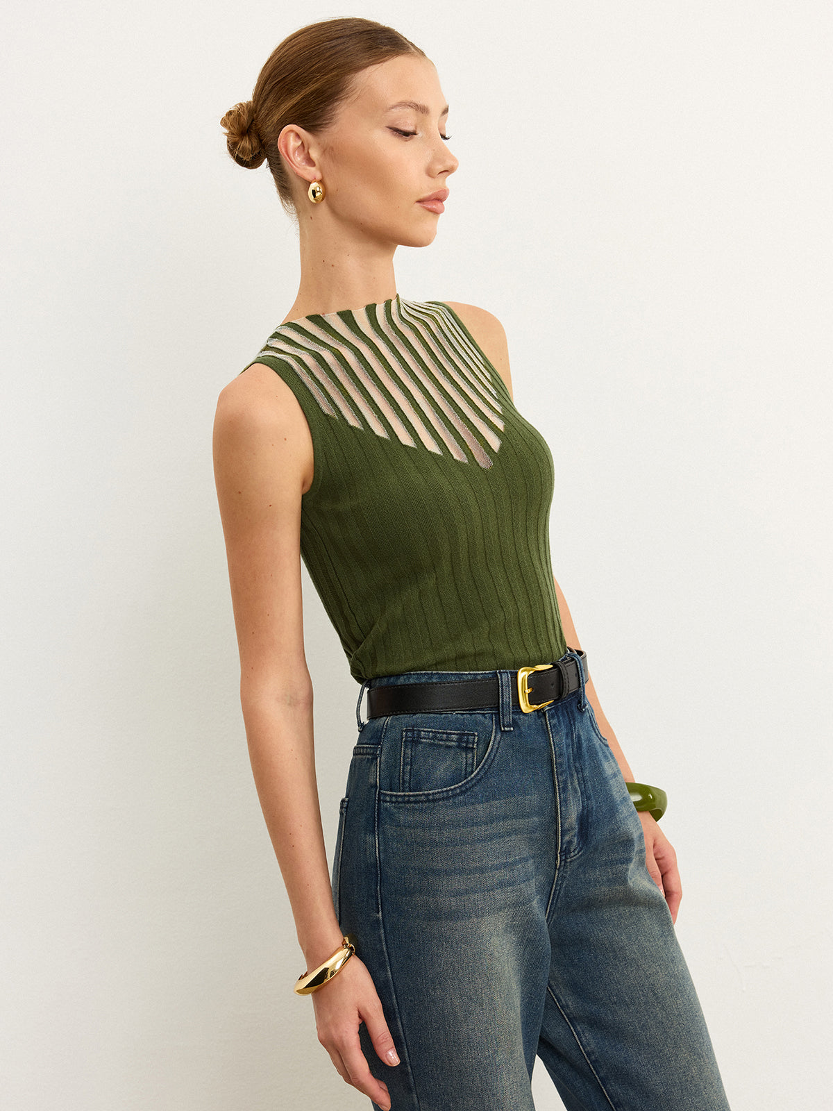 Sleeveless Top with Striped Sheer Detail