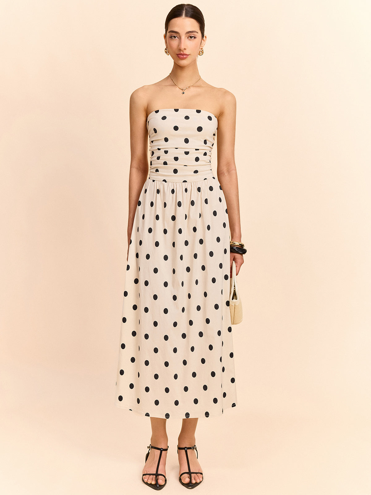 Strapless Polka Dot Ruched Midi Dress