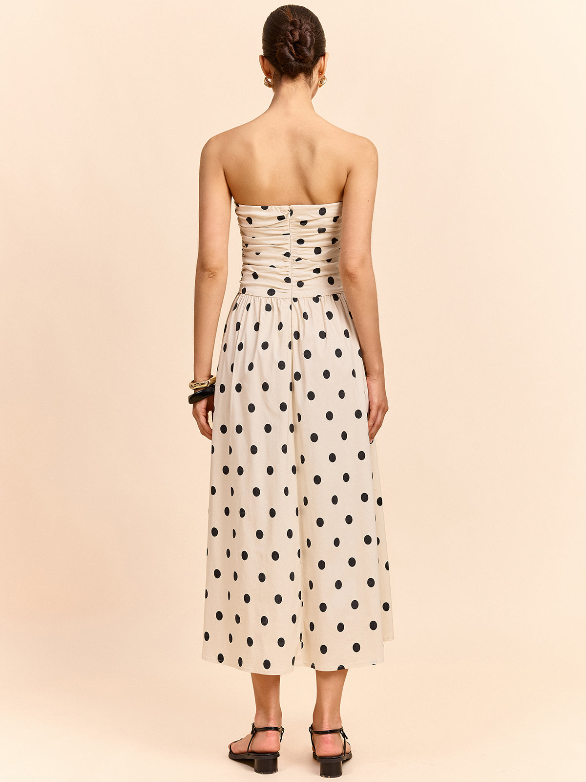 Strapless Polka Dot Ruched Midi Dress