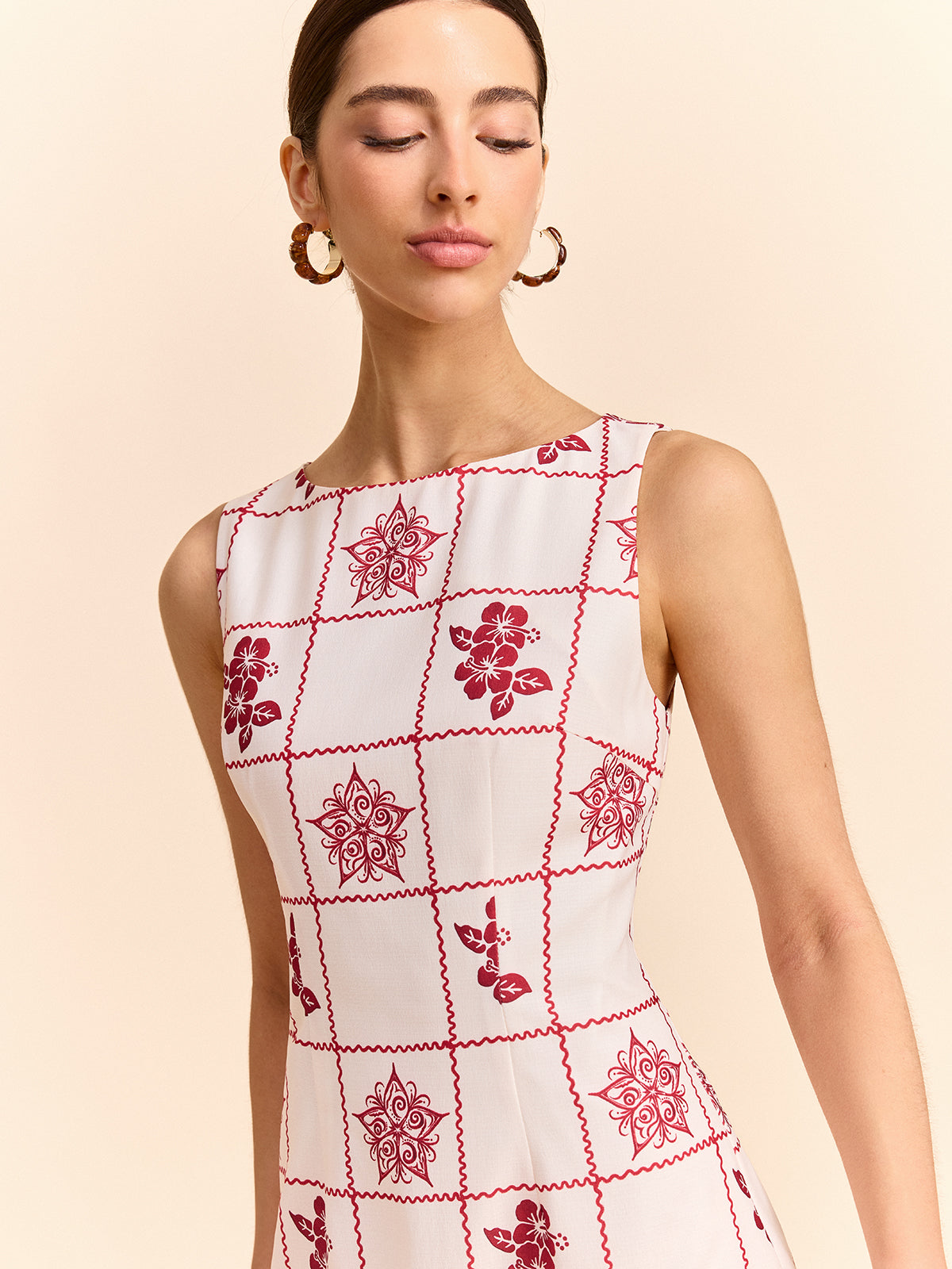Grid and Floral Print Mini Dress